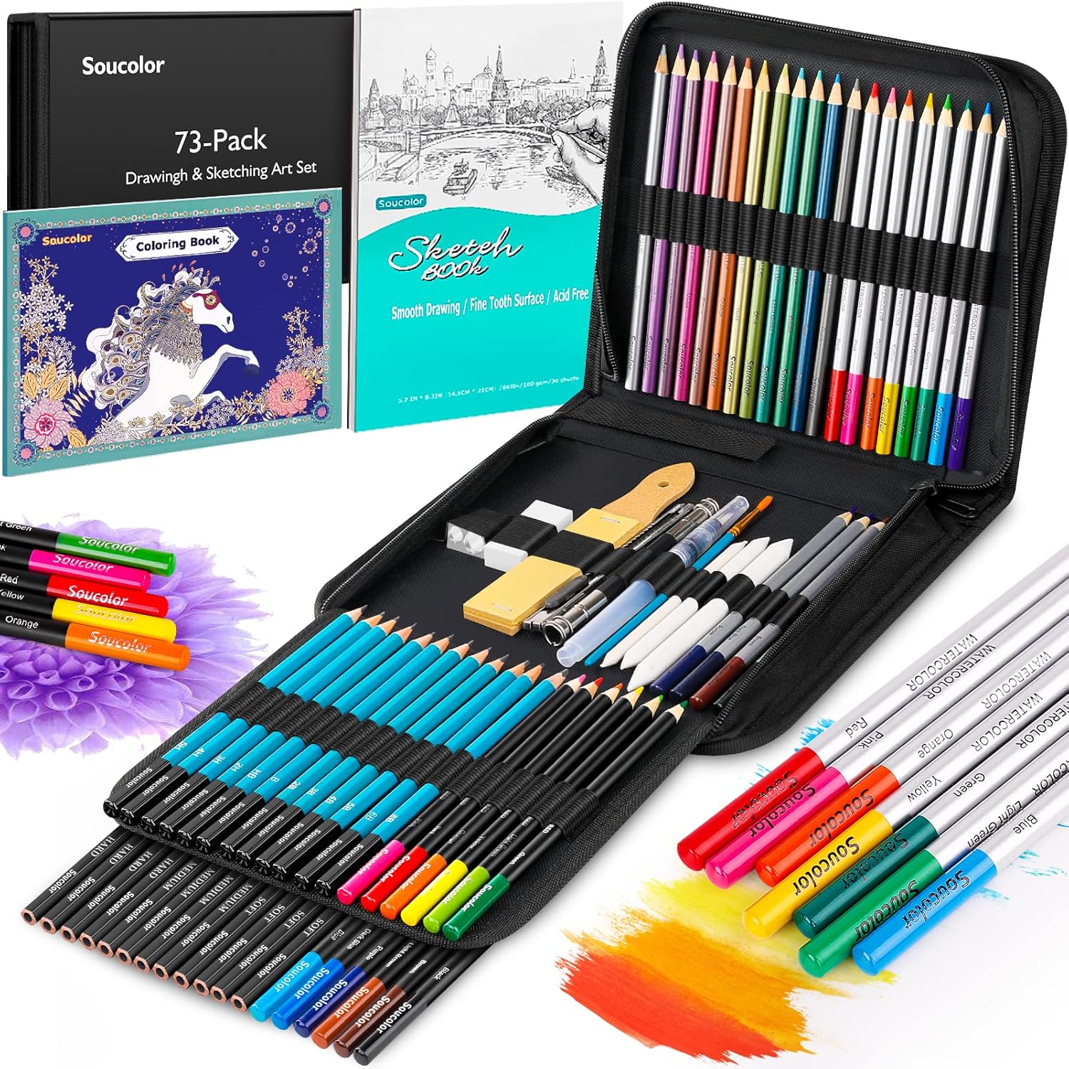 Soucolor 73 Pack Art Supplies Sketching Kit for Adults Kids Teen Gifts, School Supplies, Drawing Sketching Pencils with Sketchbook, Coloring Book, Colored Watercolor Metallic Graphite Charcoal Pencils