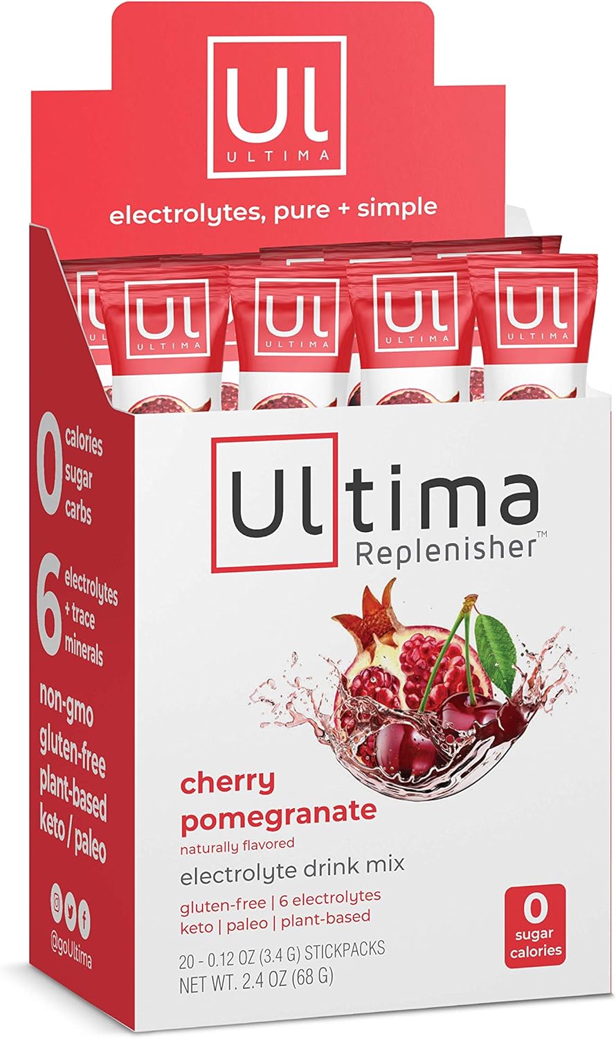 Ultima Replenisher Electrolyte Powder, Sugar‑Free Hydration Mix with Balanced Electrolytes and Essential Minerals to Support Energy, Endurance and Recovery – Cherry Pomegranate – 20 Packets