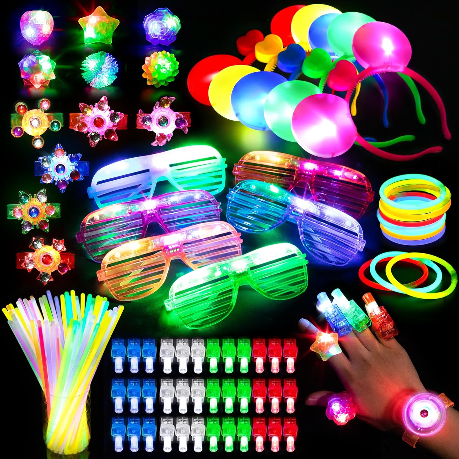 Mocoosy 103PCS Glow in the Dark Party Supplies, Light Up Party Favors for Kids, Halloween Carnival Neon Toys Bulk Party Pack With Glow Sticks, Glasses, LED Bracelets, Finger Lights, Ring, Headbands