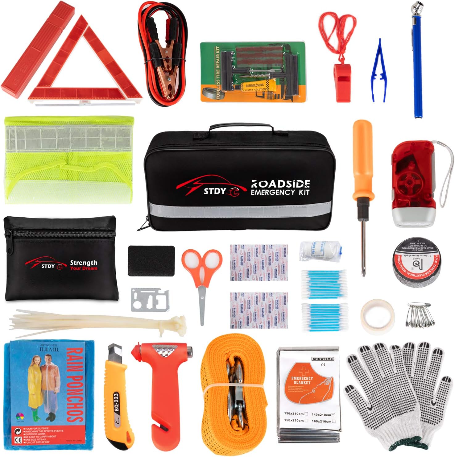 Car Roadside Emergency Kit, Vehicle Truck Safety Road Side Assistance Kits Auto Accessory, with Jumper Cables, First Aid Kit, Tow Rope, Reflective Triangle, Tire Pressure Gauge, etc