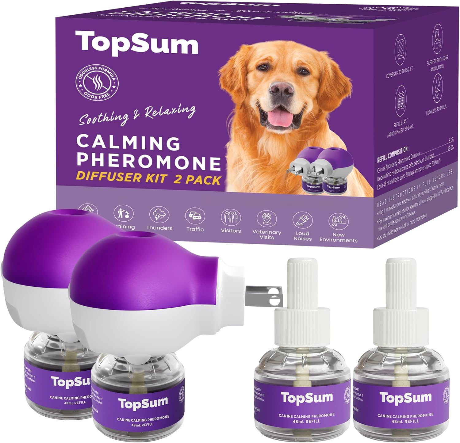 Pheromone Diffuser for Dogs: Premium Dog Calming Diffuser - Calming Pheromones for Dogs - Dog Appeasing Pheromone - Pet Calming Diffuser, 2 Pack (Purple)