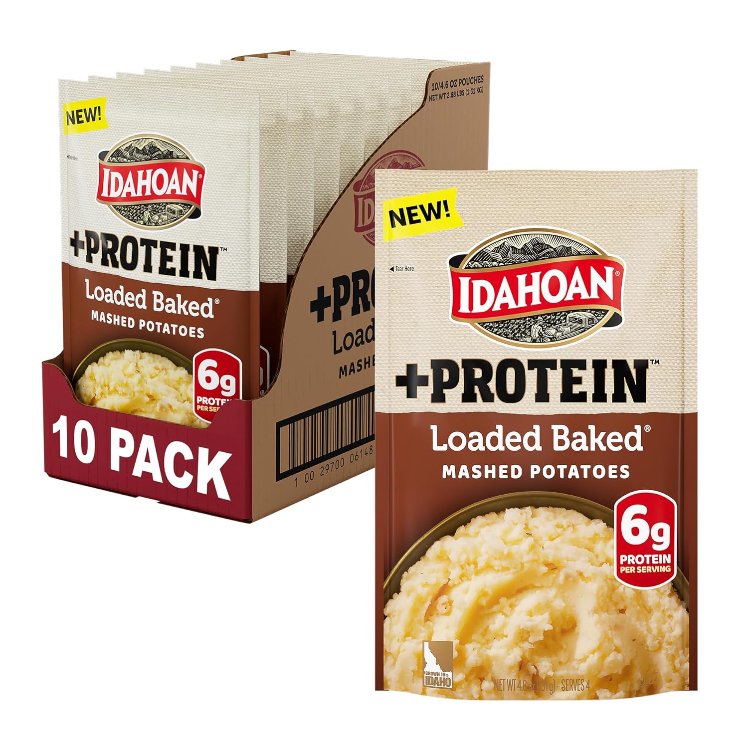 Idahoan Loaded Baked +Protein Mashed Potatoes, Naturally Gluten-Free, 100% Real Idaho Potatoes, 4 servings per bag, 4.6 ounce (Pack of 10)