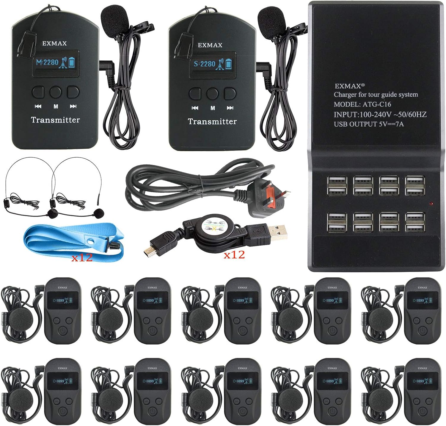 EXMAX EXD-101 2.4G Wireless Tour Guide System Audio Monitoring Equipment with 9999 Channels ID for Simultaneous Interpretation Conference(2 Transmitters 10 Receivers & 16-port Charger Station)