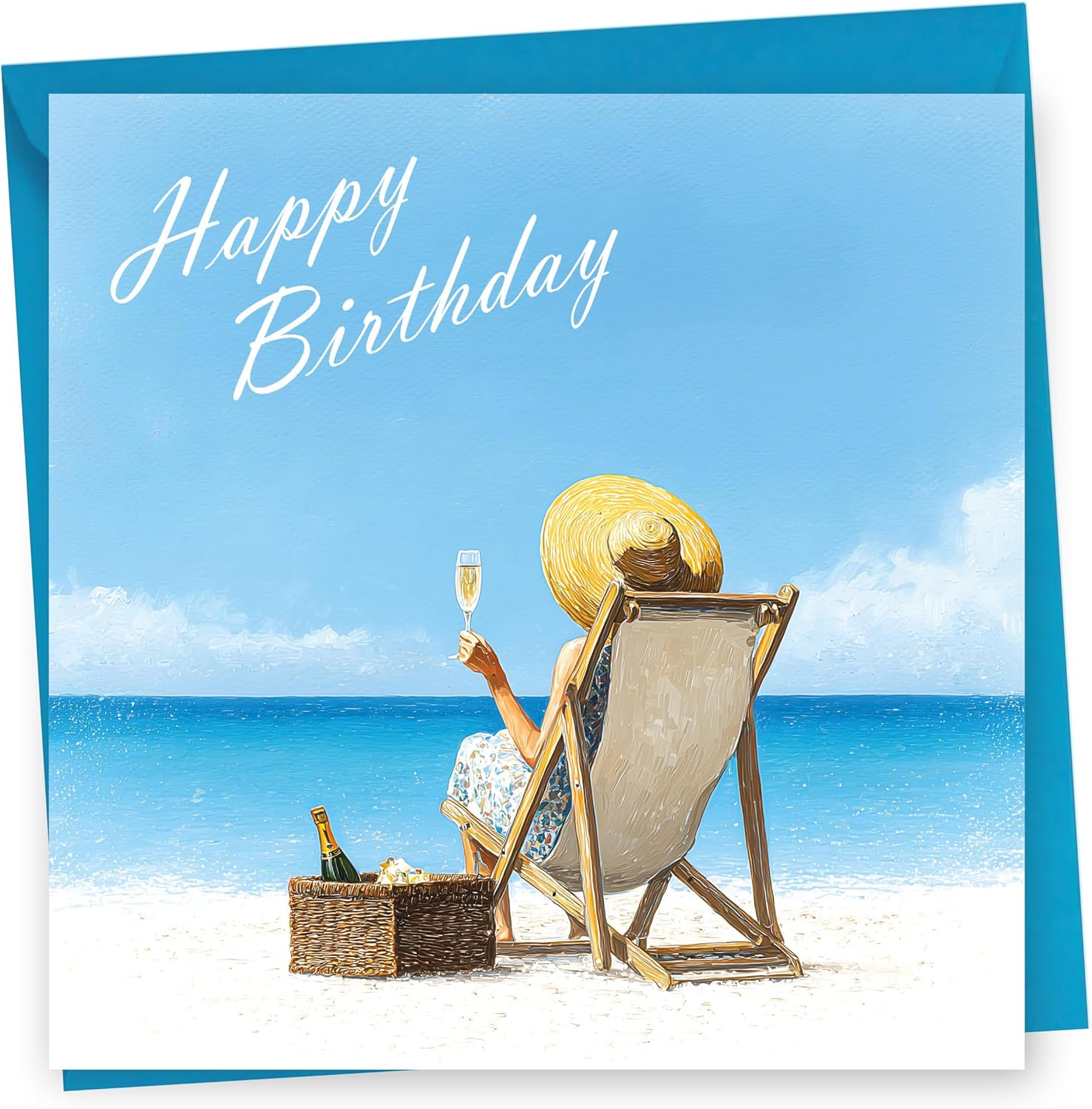 Birthday Card. Beach Woman Design. 150x150mm supplied with Envelope. Eco-friendly. Message inside. Made in Britain.