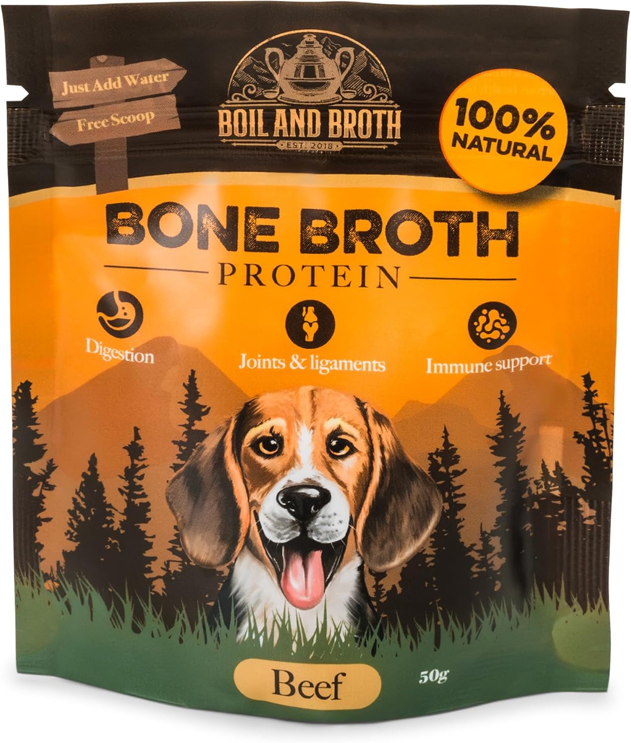 Boil and Broth Dehydrated Beef Broth for Dogs, 50g resealable pouch. Makes 1L