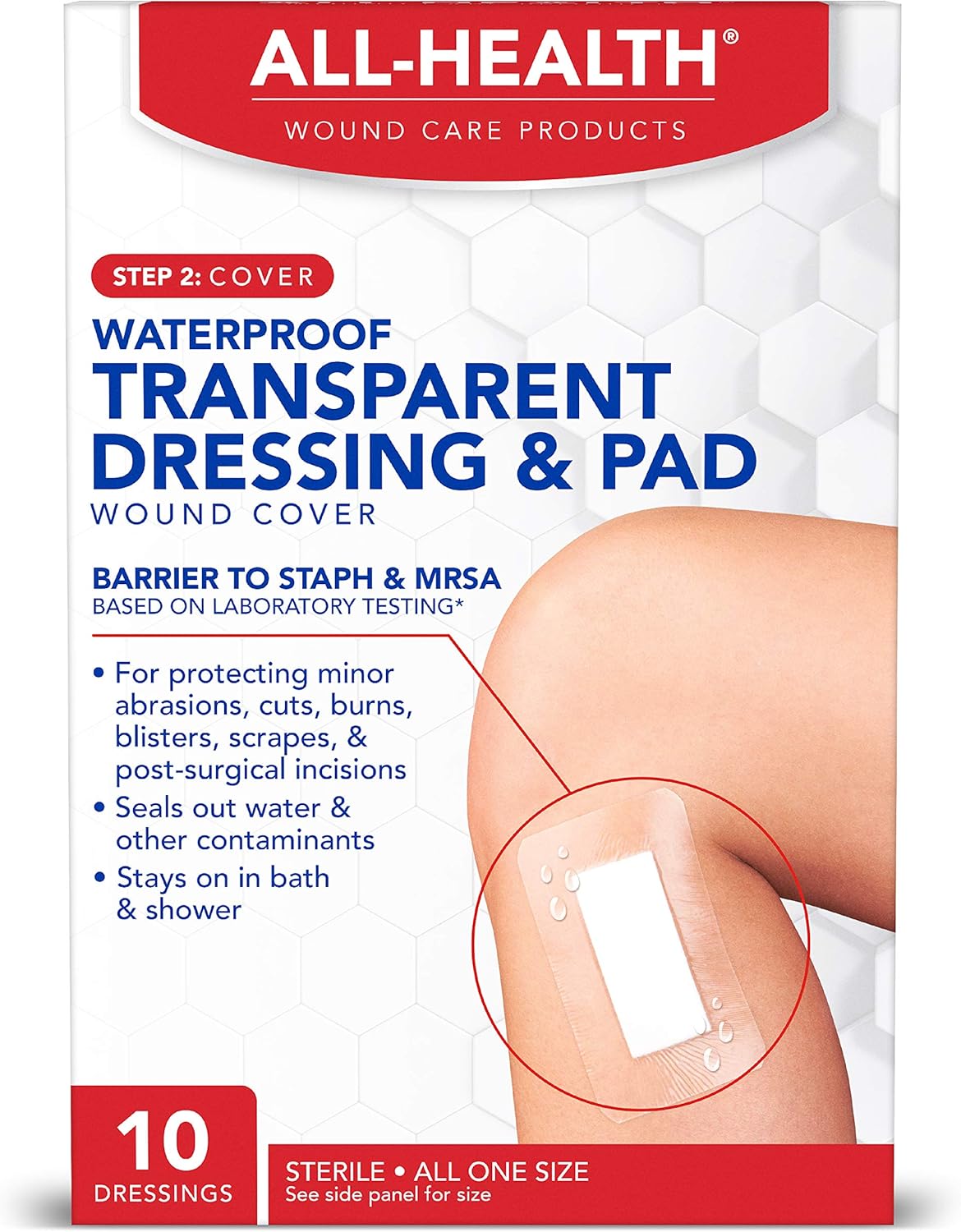 All Health Waterproof Transparent Dressing & Pad, Dressings, 2.375 in X 4 in | Wound Cover Barrier to Staph & MRSA, 10 Count