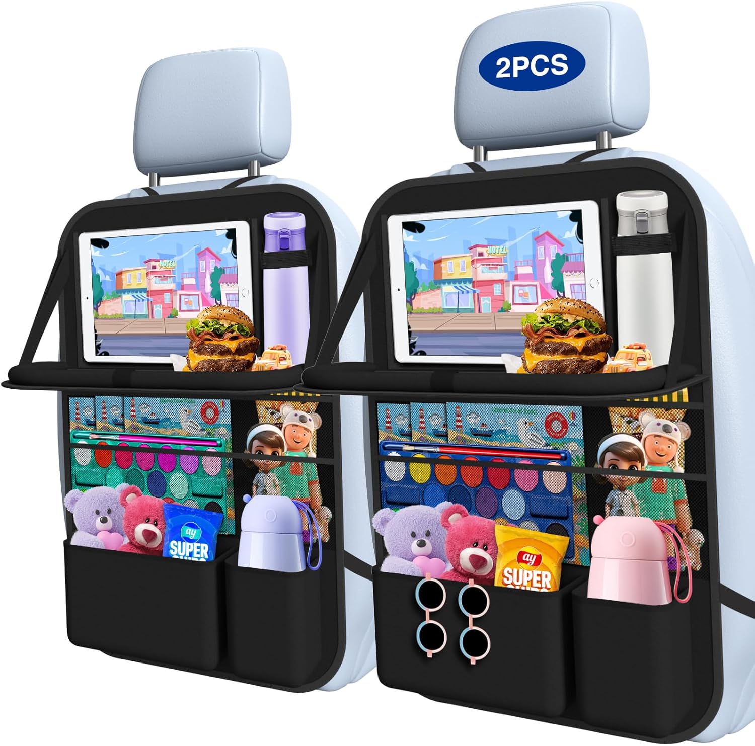 Car Backseat Organizer with Table Tray((2-Pack)) 9 Storage Pockets Backseat Car Organizer and storage with Tablet Holder, Kick Mats Back Seat Cover for Kids family Road Trip Essentials Travel