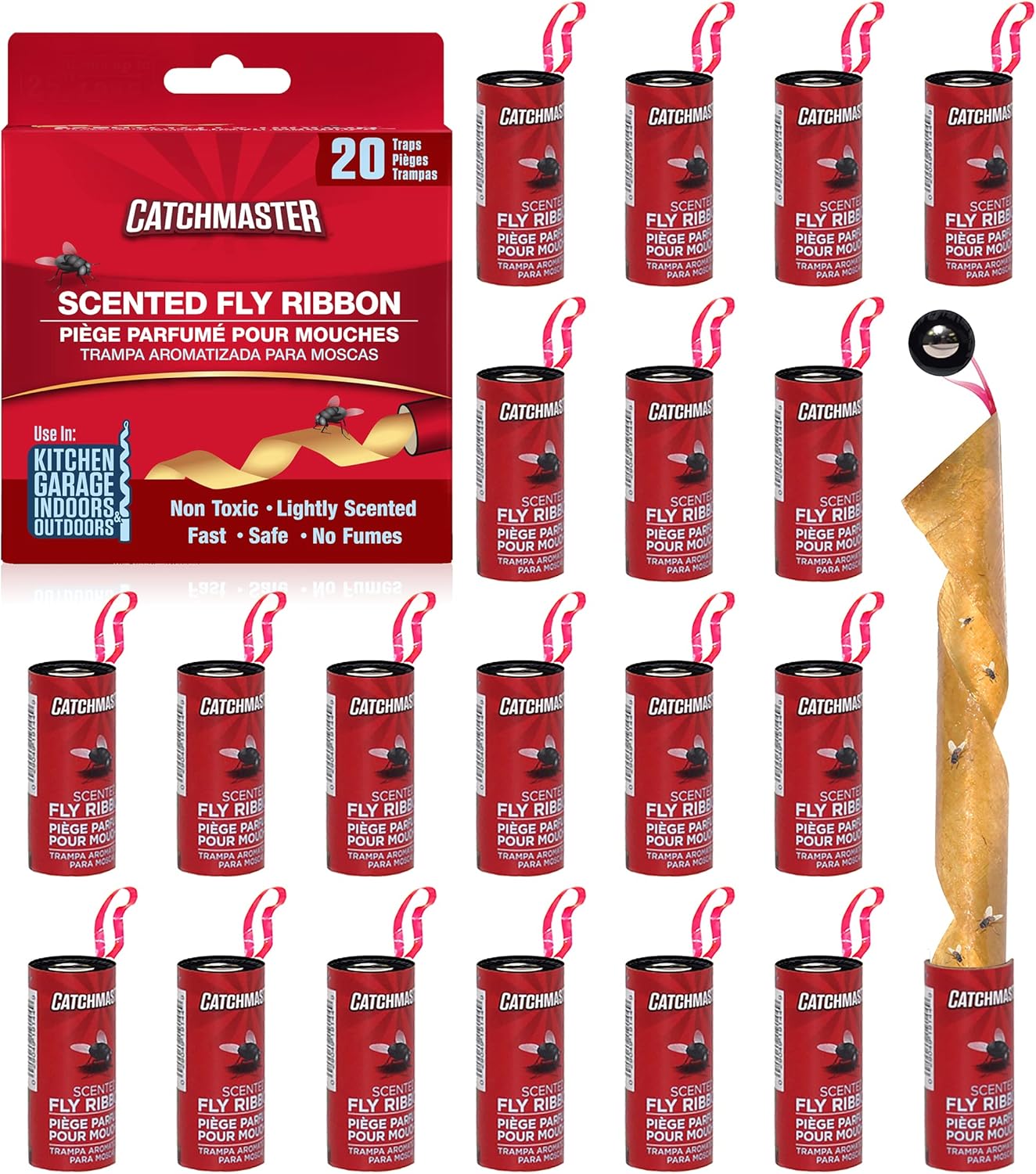 Catchmaster Fly Ribbon 20-Pack, Bug & Fruit Fly Traps Outdoor and Indoor, Premium Adhesive Sticky Strips & Gnat Hanging Strips, Bulk Scented Flying Insect Paper Rolls, Non Toxic Home Pest Control