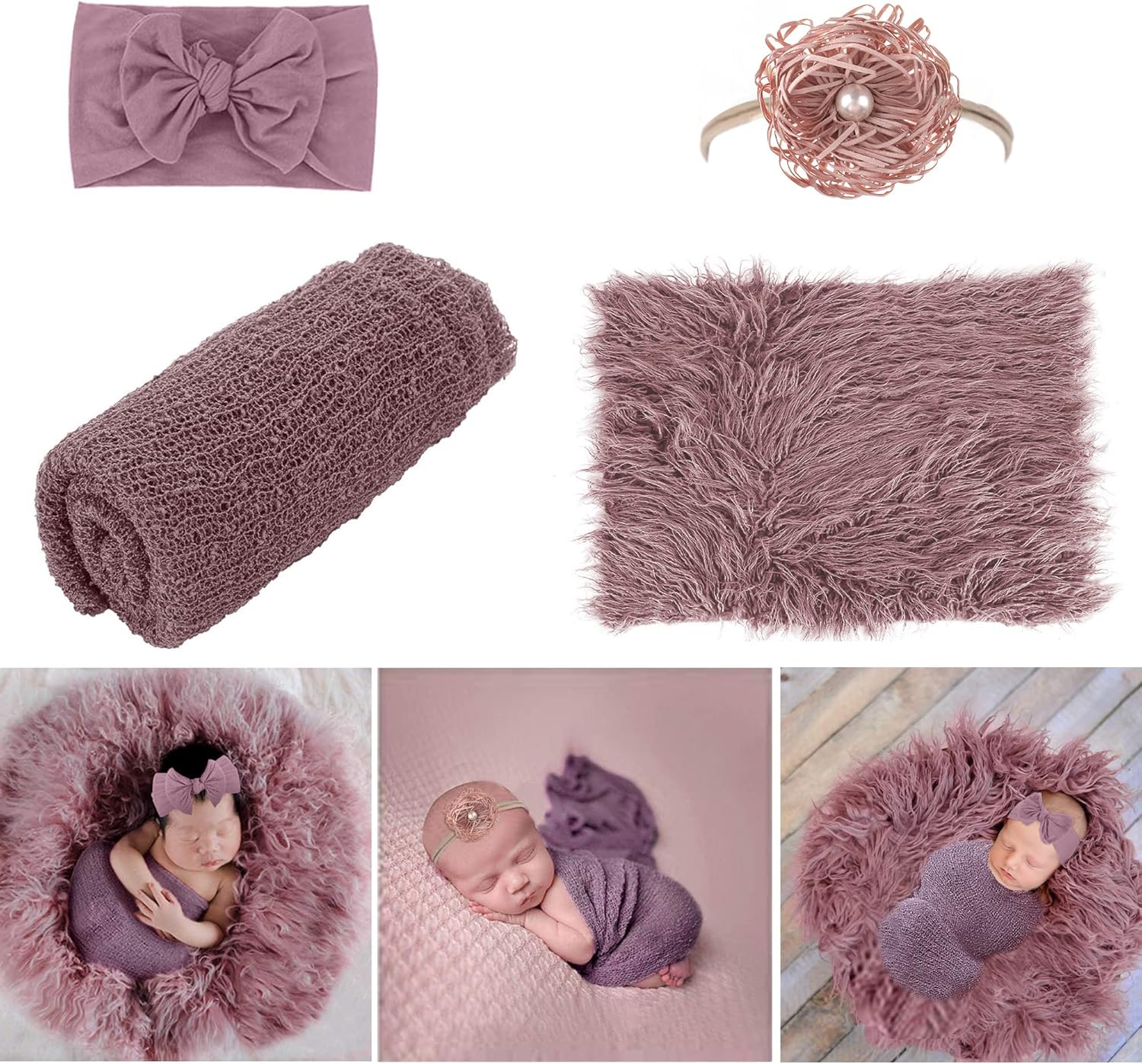 AOKE Newborn Photography Props - 4 PCS Baby Photo Props Long Ripple Wraps DIY Blanket with Headbands, Purple Toddler Wraps Photography Mat Set for Baby Boys and Girls