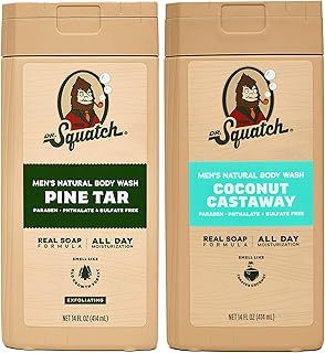 Dr. Squatch NEW Natural Body Wash for Men - Exfoliating and Non-Exfoliating - Pine Tar + Coconut Castaway (14 oz, 2 Pack)