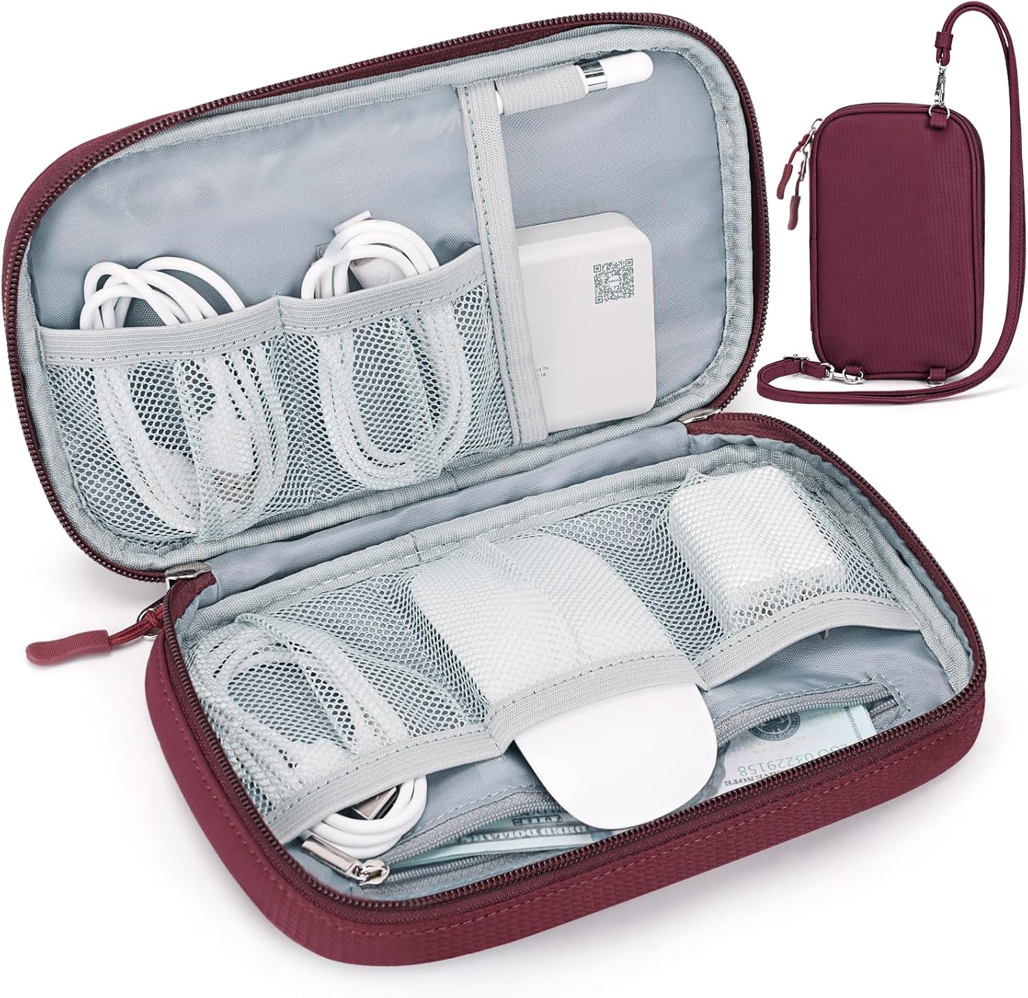 FYY Travel Cable Organizer Pouch - Enlarge Electronic Organizer Carry Case Portable Waterproof All-in-One Electronic Accessories Storage Bag for Cord, Charger, Phone, Earphone, Wine Red