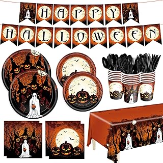 212pcs Halloween Party Plates Napkins Halloween Ghost Party Supplies Black Pumpkin Spooky Disposable Paper Tableware Set Happy Halloween Banner Tablecloth Cups Halloween Party Decoration Kids Serve 30