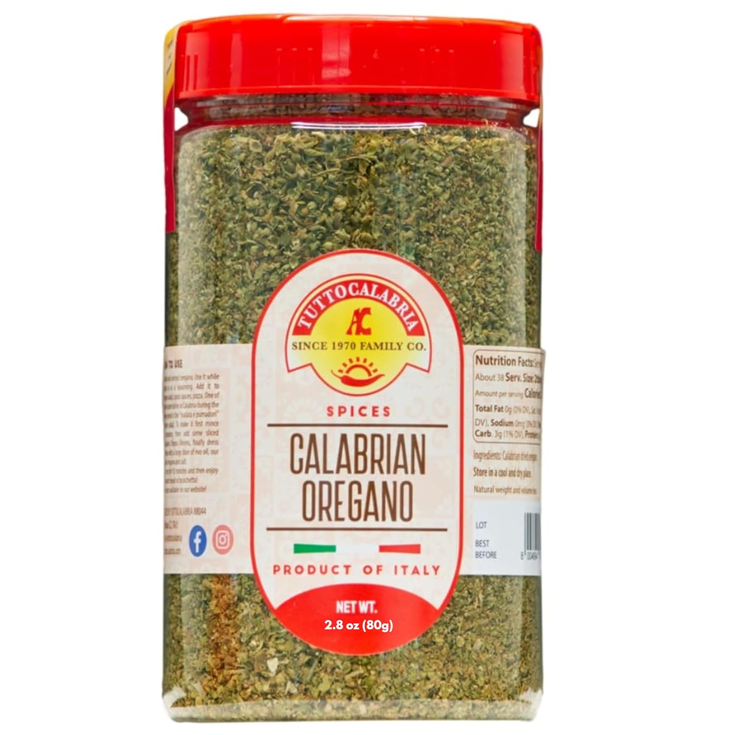 TUTTOCALABRIA, Dried Calabrian Oregano, Italian Seasoning, Shaker, 2.8 oz (80g) Medium Size Pack All Natural, Non-GMO, Product of Italy
