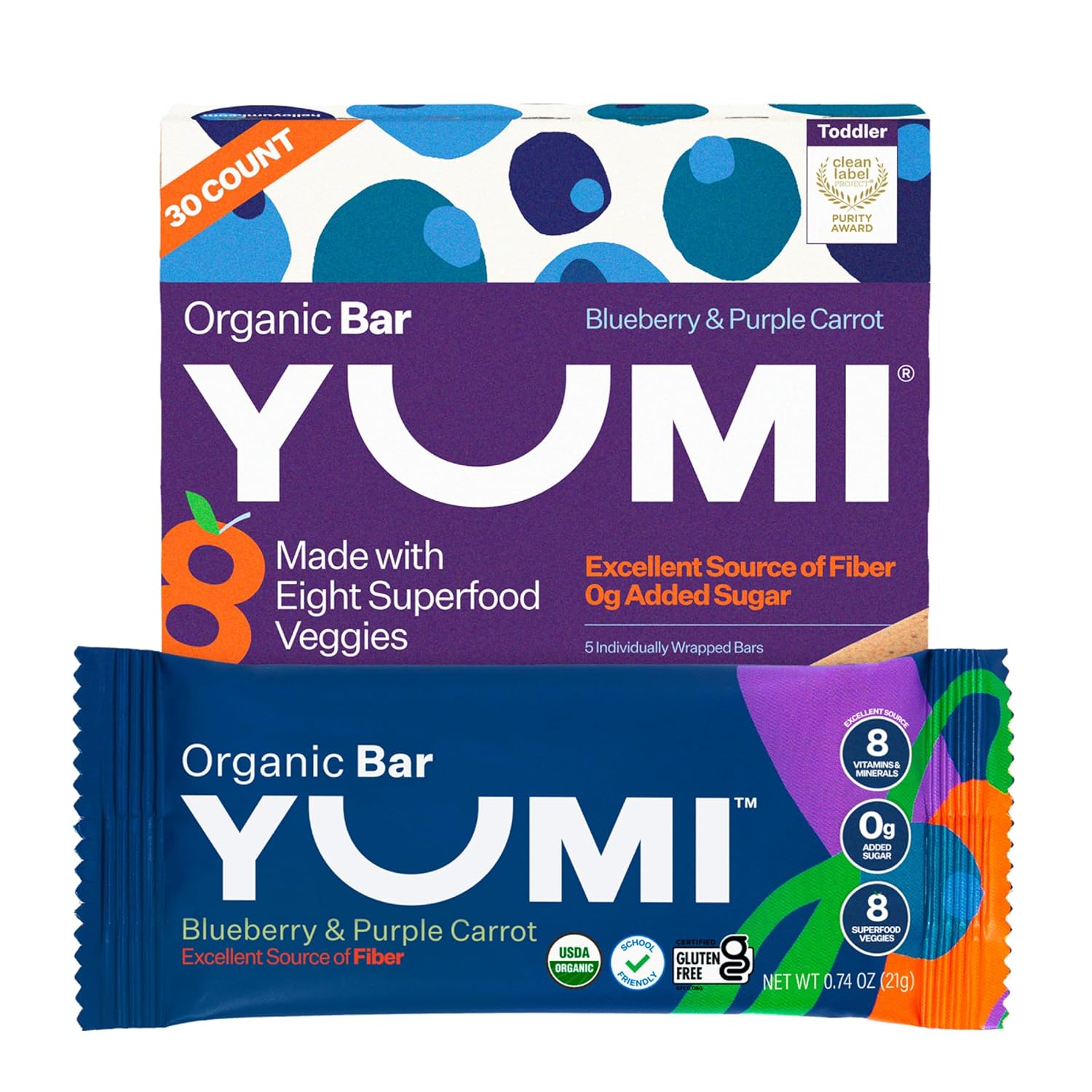 Yumi Organic Toddler Snack Bars (30 Count), Gluten-Free, No Added Sugar, 7+ Vegetables, Soft-Baked Crust, Healthy Snack Bars for Kids, School Safe for Kids Lunch Boxes (30, Blueberry & Purple Carrot)