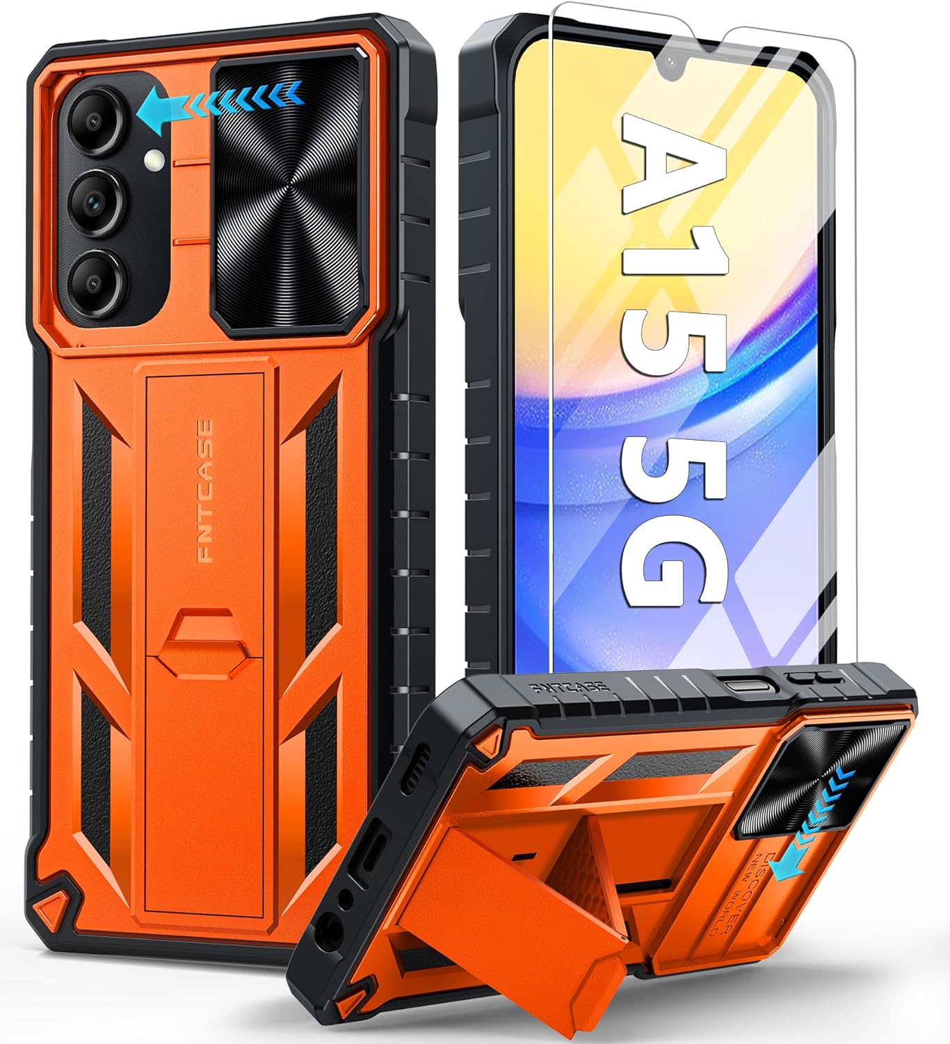 FNTCASE for Samsung Galaxy A15-5G Case: Protective Shockproof Rugged Military Grade Drop Protection A15 Cell Phone Mobile Cover with Kickstand | TPU Matte Textured Tough Hybrid Hard Cases - Orange