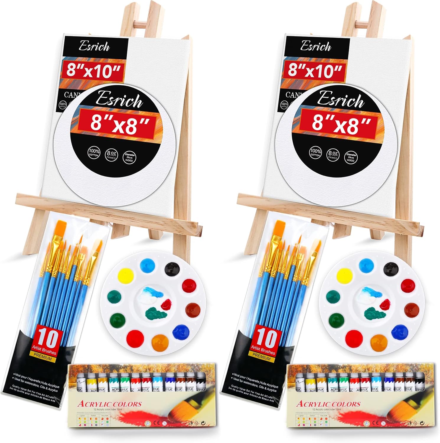 ESRICH Acrylic Paint Canvas Set,52 Piece Professional Painting Supplies Kit with 2 Wood Easel,2 * 12Colors,2 * 10 Brushes,Circular Canvas Etc,Premium Paint Kit for Kids,Students, Artists and Beginner