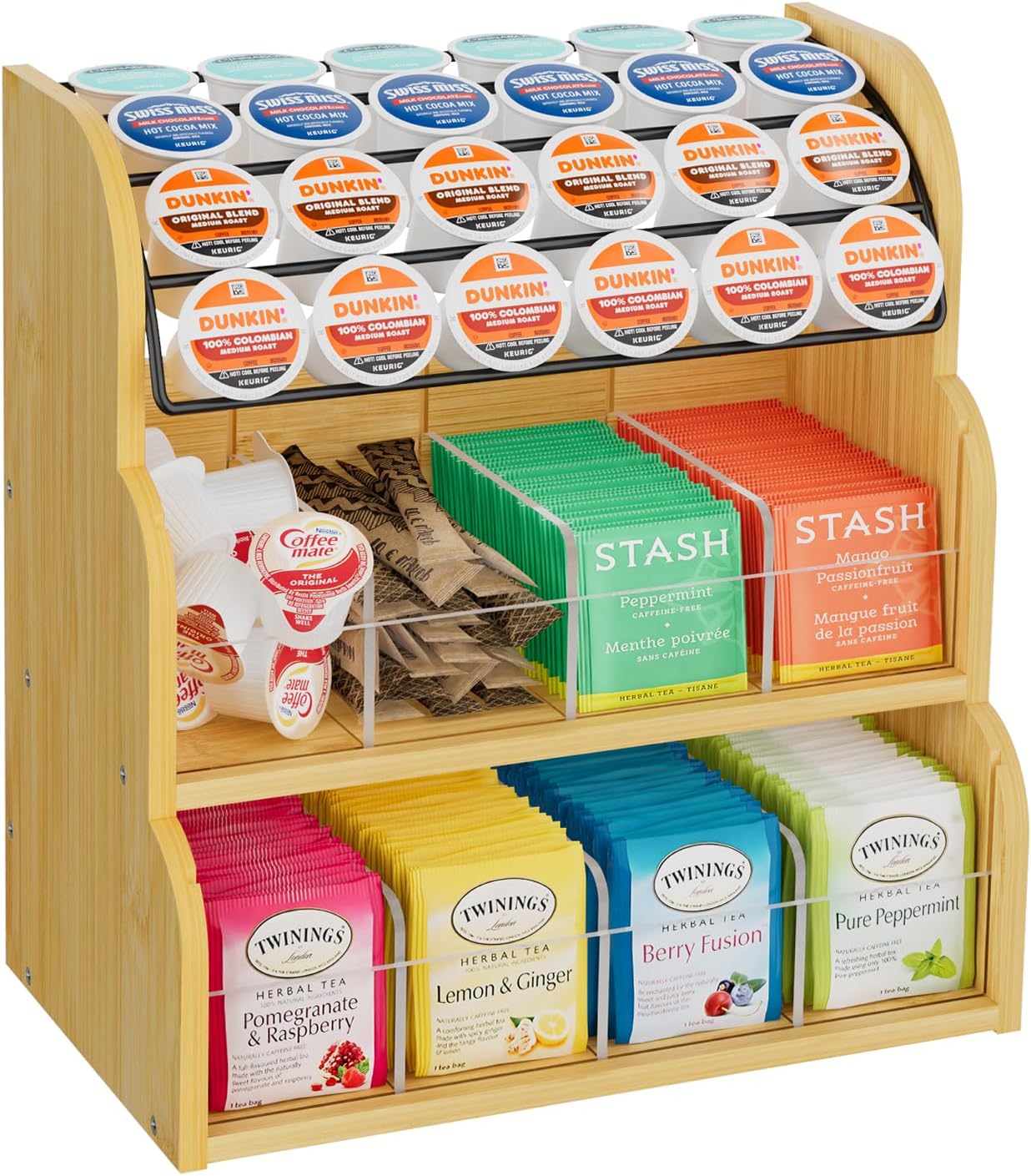 LASZOLA Bamboo Counter Tea Bag Organizer Storage with Metal Coffee Holder, 3 Tier Vertical Teabag Rack for Countertop Cabinet Kitchen Office, Large Wood Tea Packet Display Stand for Tea Bags and K Cup