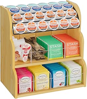 LASZOLA Bamboo Counter Tea Bag Organizer Storage with Metal Coffee Holder, 3 Tier Vertical Teabag Rack for Countertop Cabinet Kitchen Office, Large Wood Tea Packet Display Stand for Tea Bags and K Cup