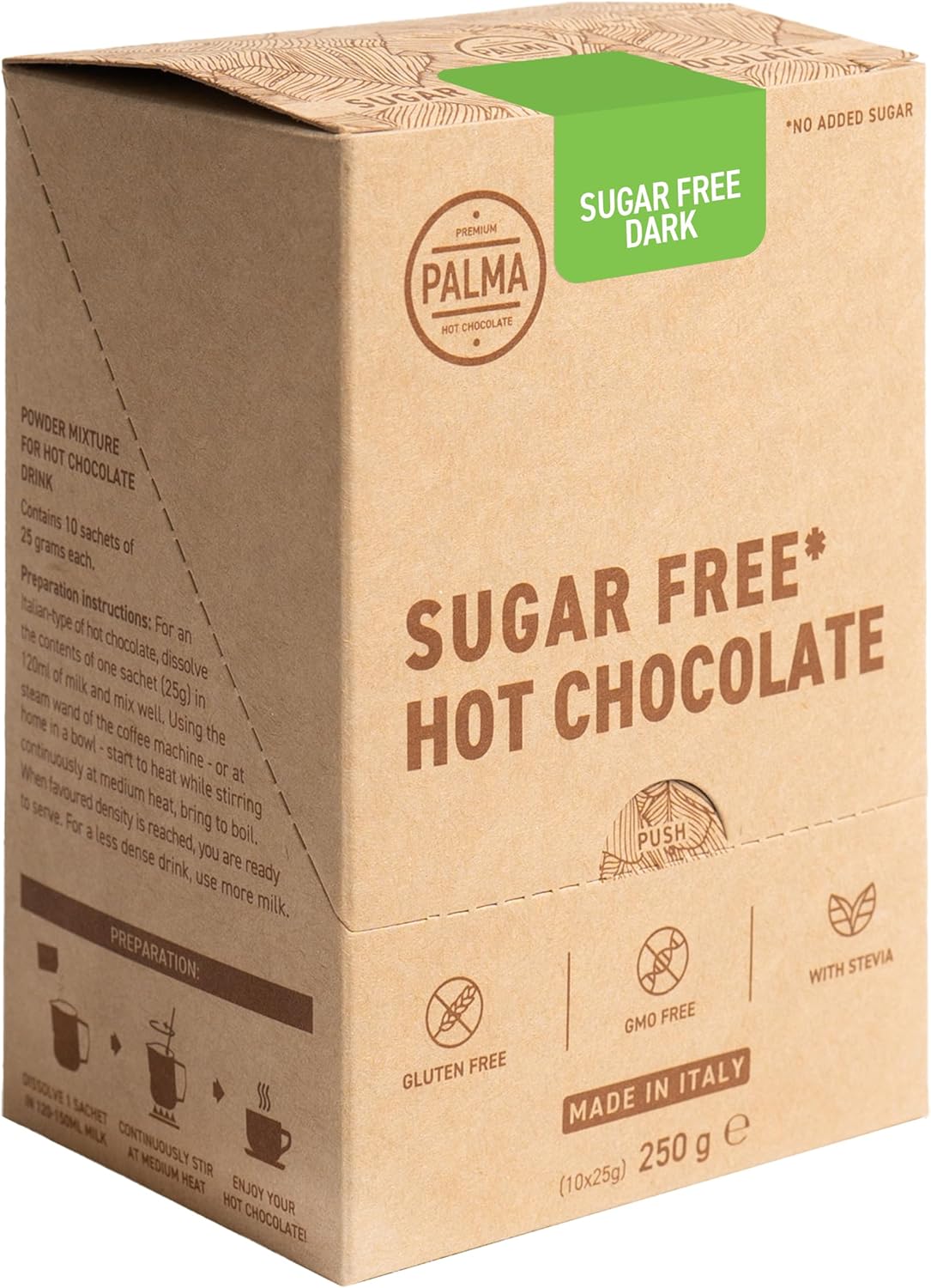 PALMA Italian Hot Chocolate Sachets - Sugar Free Dark Chocolate - No Added Sugar | 250g (10 Servings)