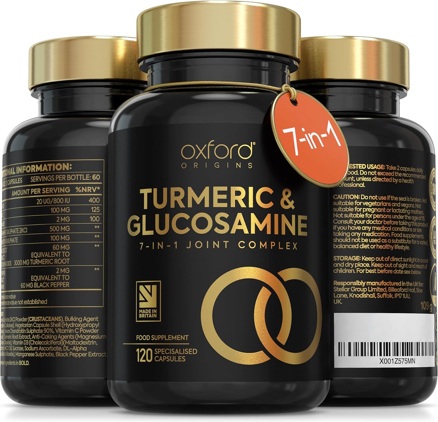 7-in-1 Turmeric and Black Pepper Capsules with Glucosamine and Chondroitin High Strength | Two per Day, 2 Month Supply | Turmeric Capsules High Strength 3000mg, Glucosamine Sulphate & Tumeric Tablets