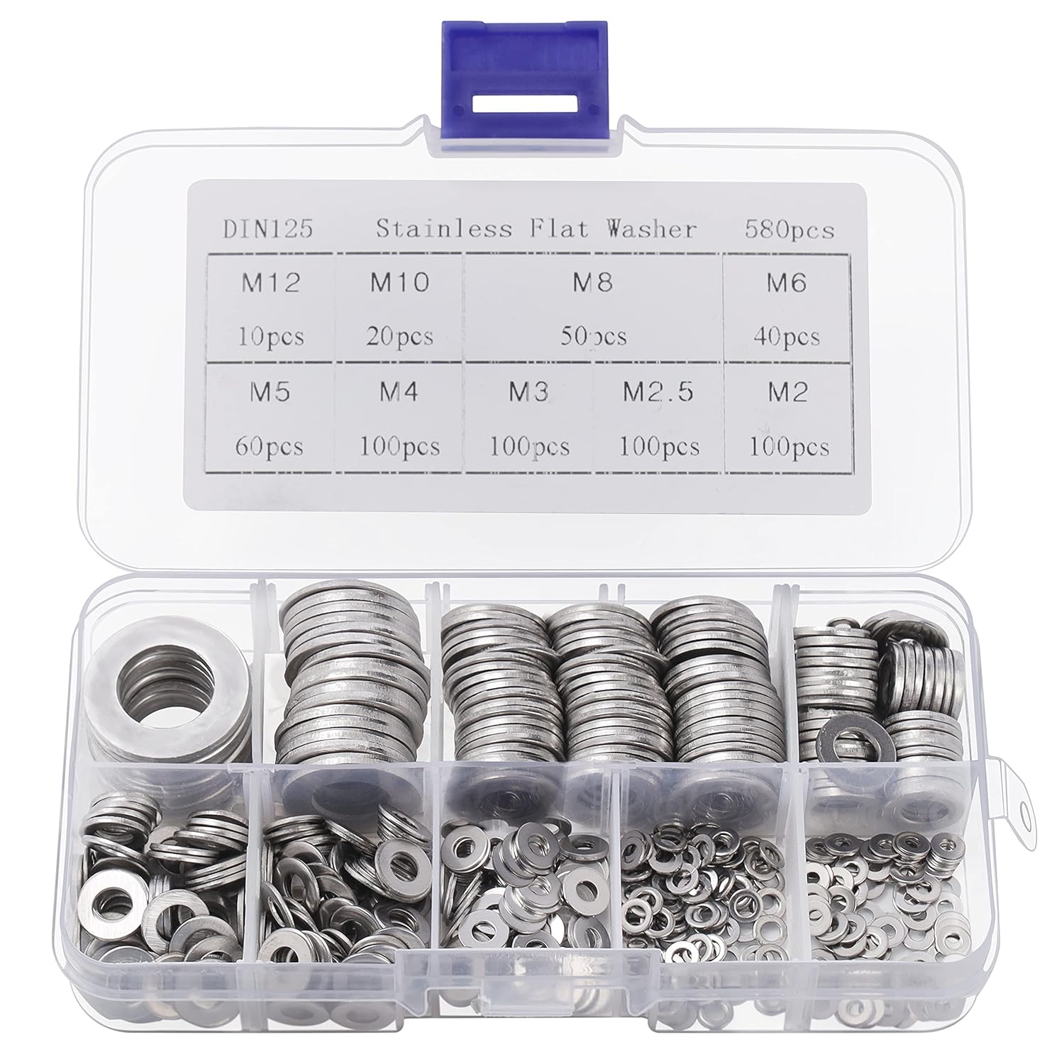 Belle Vous 580 Pcs Stainless Steel Flat Washers with Storage Box - 9 Assorted Sizes M2, M2.5, M3, M4, M5, M6, M8, M10 & M12 - Round Metal Screw Washer Kit - Repair, Factories & Home Decoration