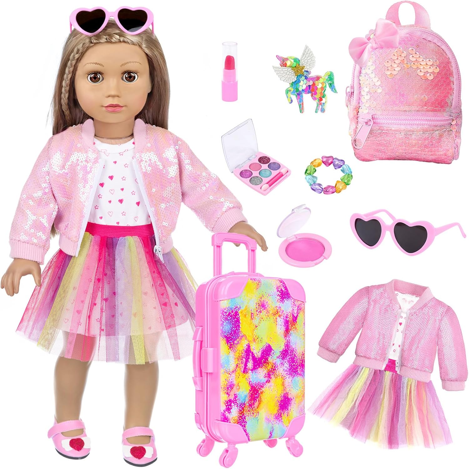 American 18 Inch Doll Clothes and Accessories with Travel Suitcase and Makeup fit 18 Inch Doll Includes Suitcase, Backpack, Sunglasses Lipstick, Eyeshadow Palette, Bracelet, Hair, Blusher