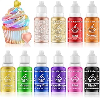 10 Food Coloring Set - 8 Liquid Food Color for Cake Decorating & 2 Edible Metallic Gold Paint Food Grade Vibrant Food Dye for Baking Easter Egg Icing Cooking Donut - 0.35 Fl. oz (10 ml)/Bottle
