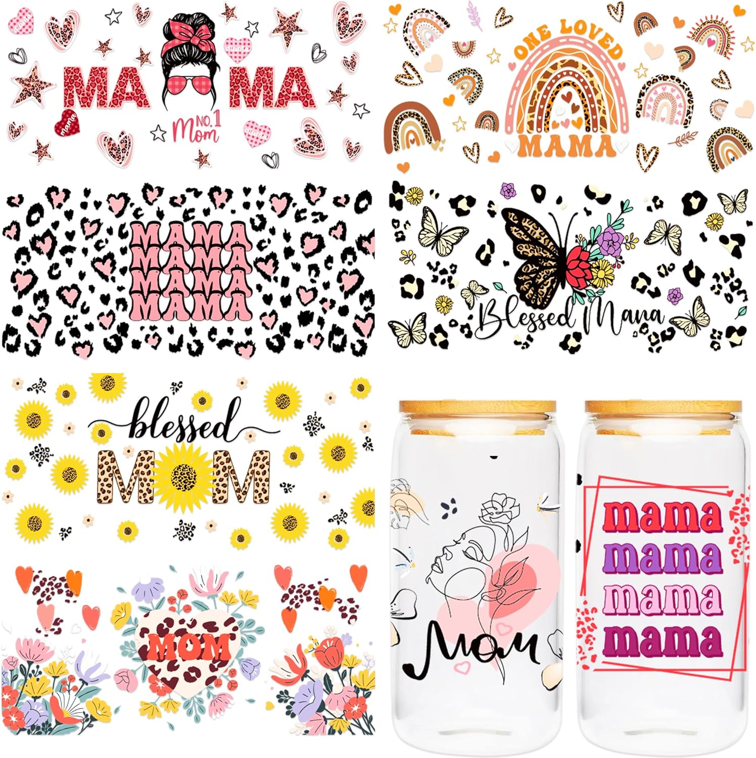 UV DTF Cup Wrap for 16 OZ - 8 Sheets Mama UV DTF Transfer Sticker for Glass, Mom Daily Affirmation, Bohemian Rainbow, Sunflower, Butterflies Style Rub On Transfers, Mom Appreciate Gifts