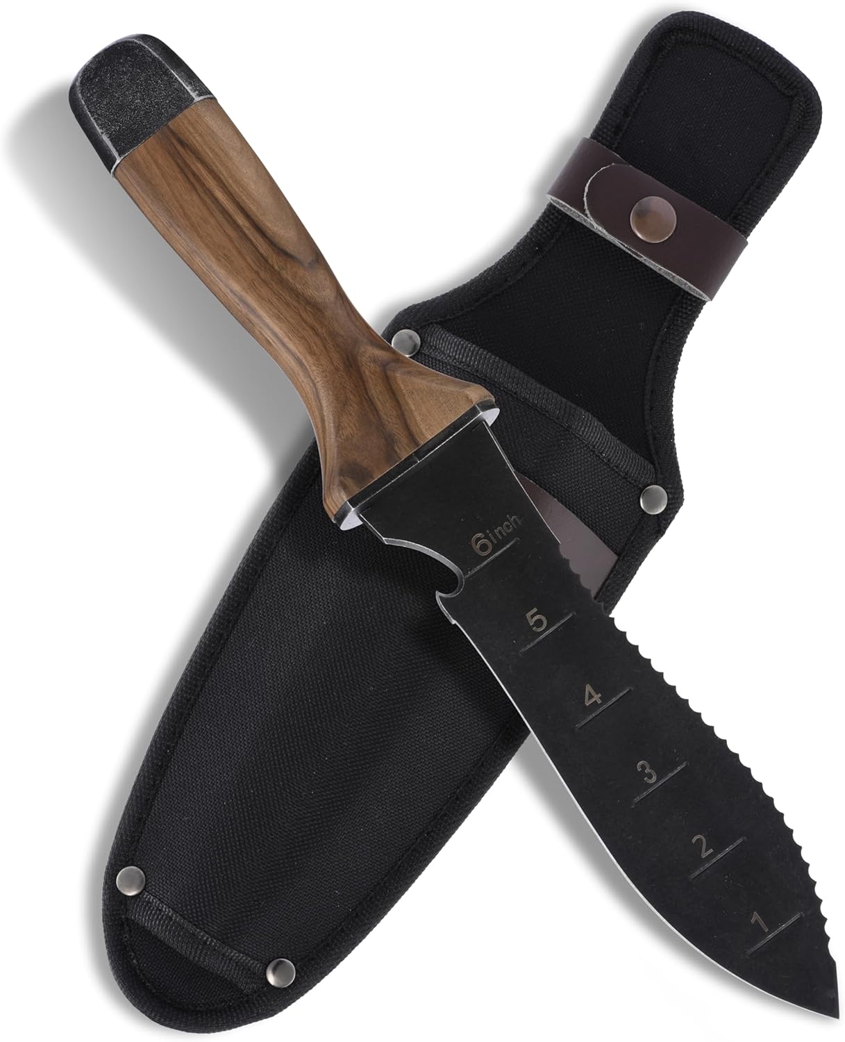 Hori Hori Garden Knife with Sheath for Weeding, Planting, Digging, Gardening Tool Featuring Cutting Edge Wooden Handle, Weed Puller and Japanese Garden Tool