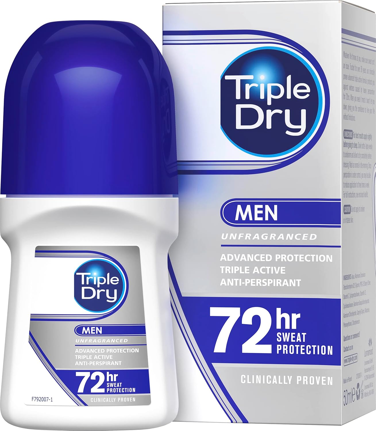 Triple Dry Men | Anti-Perspirant Roll On 50ml | 72-Hour Protection Against Excessive Sweating | Fights Odour | Triple Active Formula | Fragrance-Free | Clinically Proven | Male