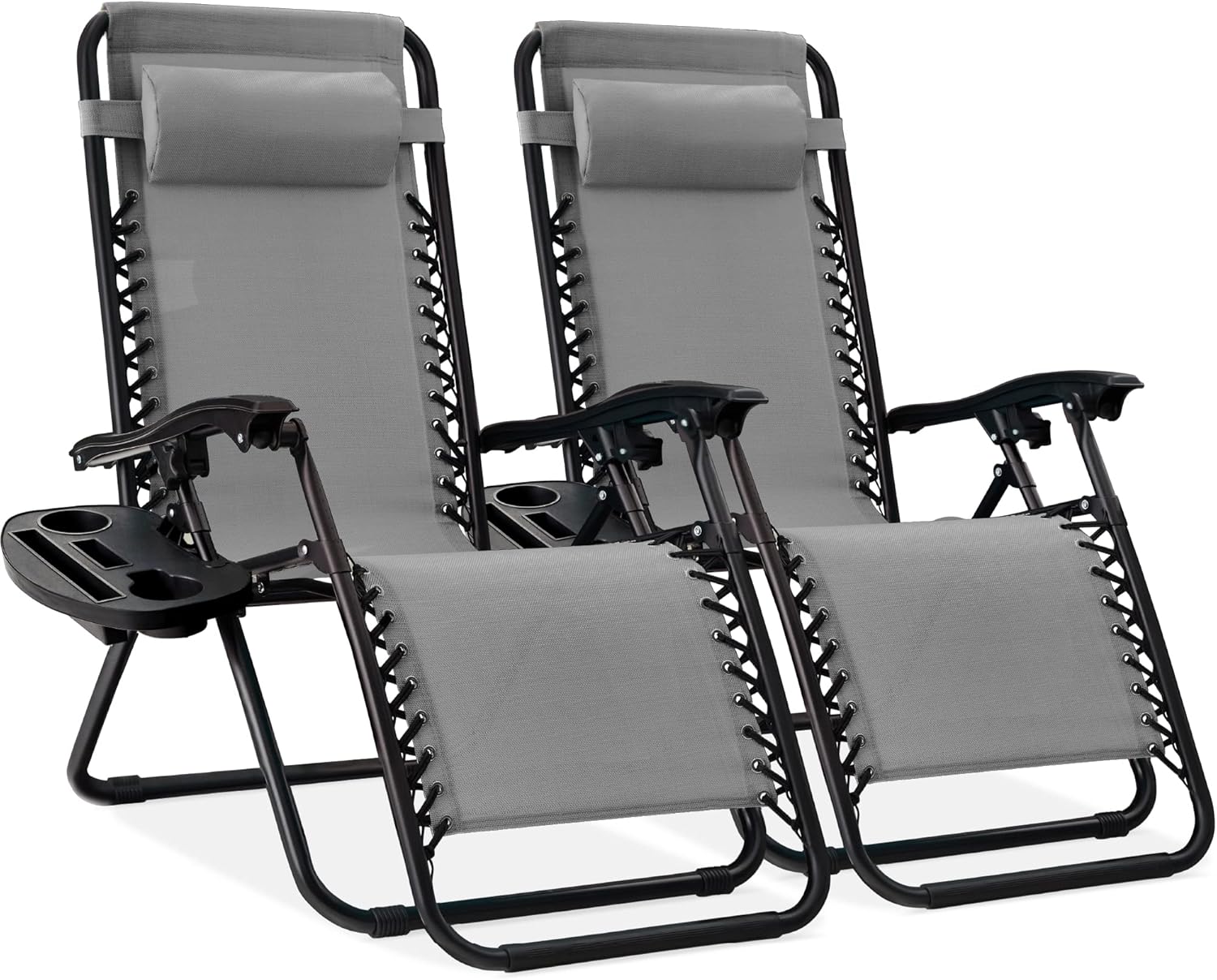Best Choice Products Set of 2 Adjustable Steel Mesh Zero Gravity Lounge Chair Recliners w/Pillows and Cup Holder Trays - Ice Gray