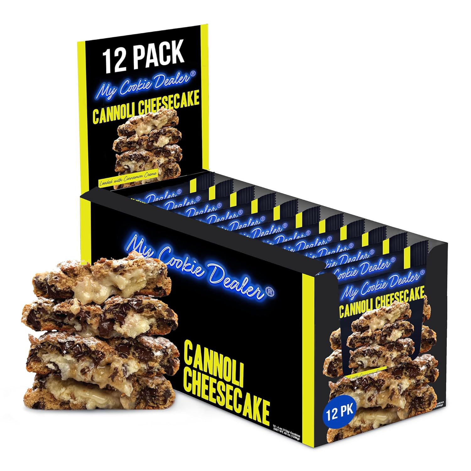 My Cookie Dealer Soft Baked Cookies, Cannoli Cheesecake (12-Pack, 4oz Cookie) - Cannoli Shell Batter Loaded with Chocolate Chips, Cinnamon Creme & Powdered Sugar - Individually Wrapped Travel Snacks