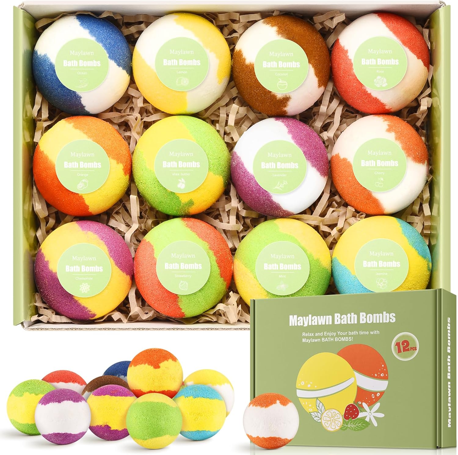 Maylawn Bath Bombs Gift Set, 12-Pieces Handmade Fizzy Bubble Bath Bombs, Birthday Mothers Day Gifts Idea for Her/Him, Wife, Girlfriend, Vegan & Cruelty Free