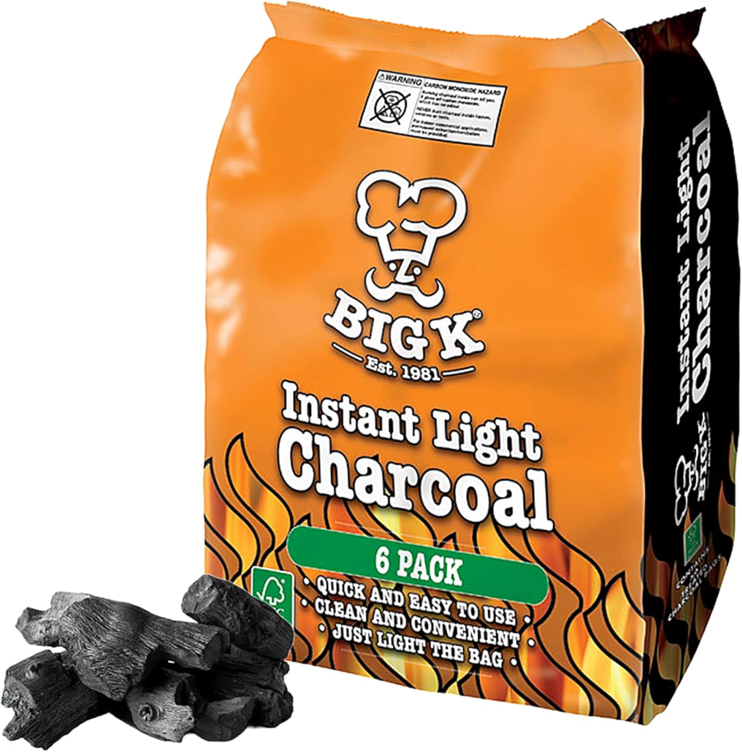 Big K Instant Light Lumpwood Charcoal Bags - 6x1kg BBQ Coals Instant Bags are easy to use, just light the individual bag. Take the stress out of your home BBQ with Instant Charcoal