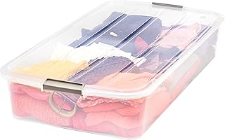 IRIS USA 50 Qt Plastic Under Bed Storage Organizer Bin Container with Secure Lids and Durable Black Buckles, Multi-Purpose for Clothes Shoes Clothing Bedding, Long, Clear
