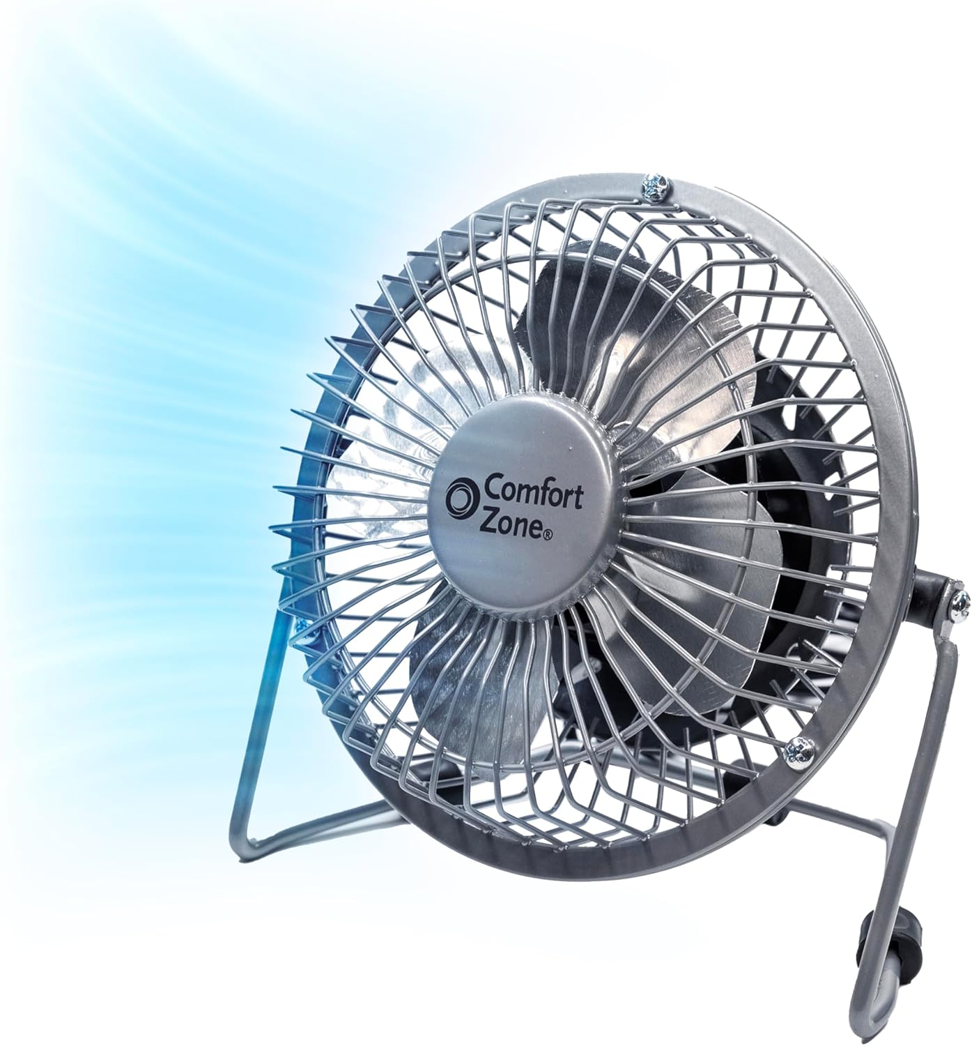 Comfort Zone 4-inch All-Metal Desk Fan with USB or Power Cord, Single Speed, 360 Degree Adjustable Tilt, Compact & Durable Mini Electric Fan for Home, Office or Travel Use, Silver
