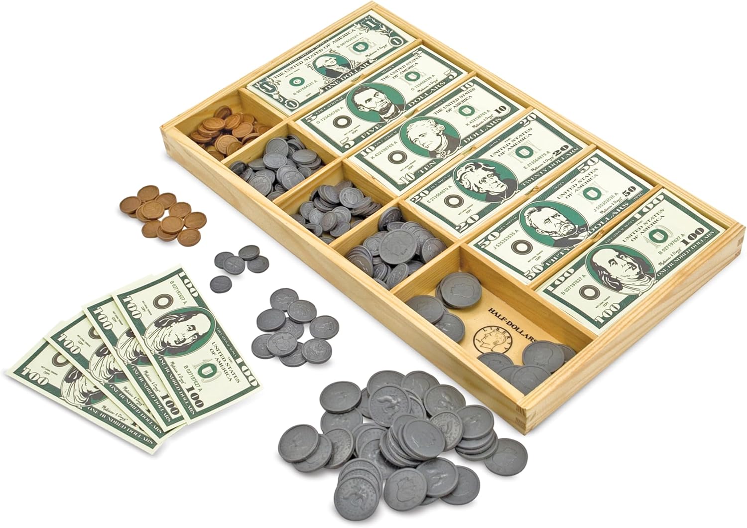 Melissa & Doug Play Money Set - Educational Toy with Paper Bills and Plastic Coins (50 of Each Denomination) and Wooden Cash Drawer for Storage