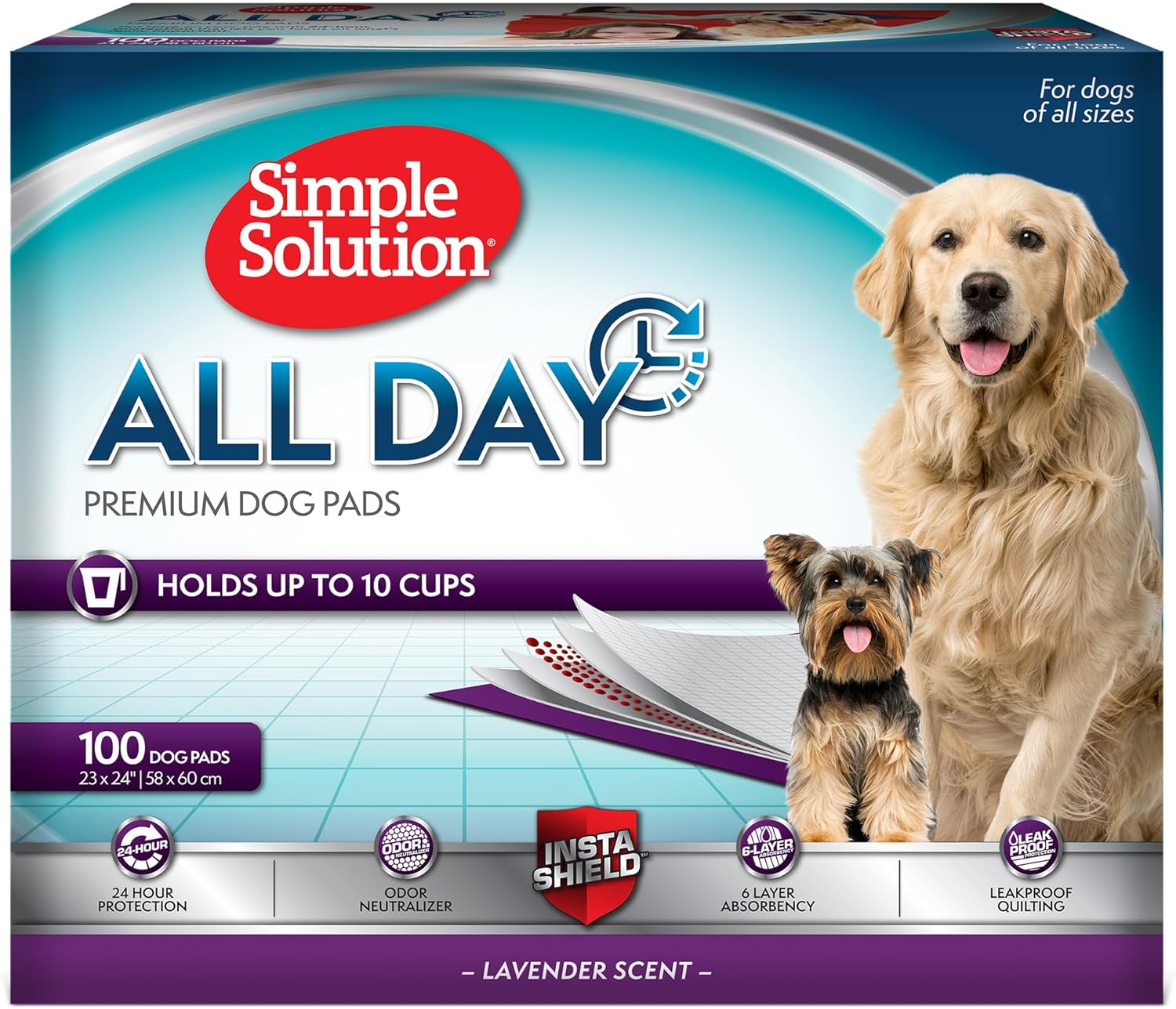 Simple Solution All Day Puppy Training Pads – Lavender Scented Leak-Proof Pee Pads for Dogs – Disposable and Absorbent for Housebreaking and Indoor Use – 23 x 24 Inches – 100 Count