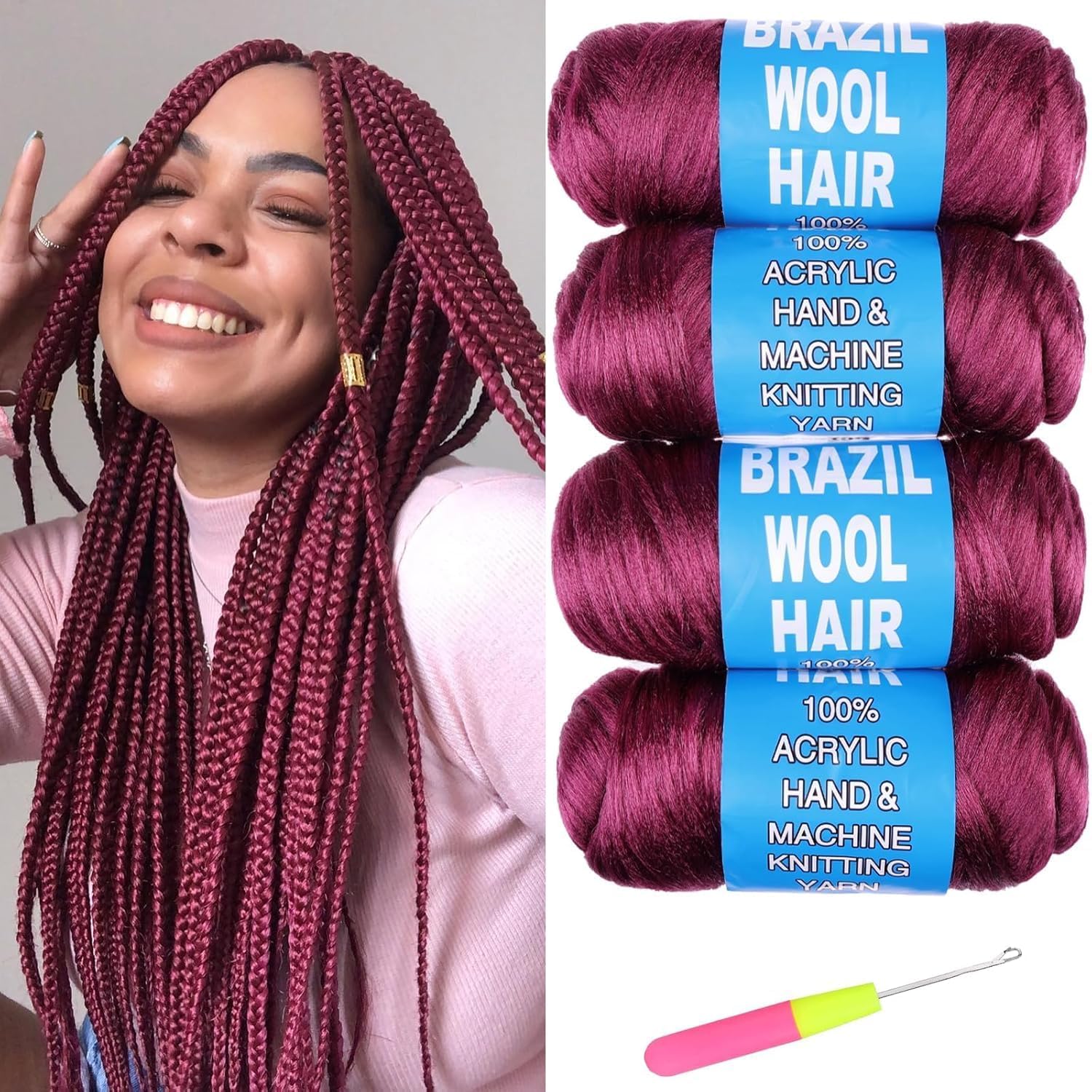Brazilian Wool Hair Acrylic Yarn for African Crochet Hair (BUG, 4 Roll)
