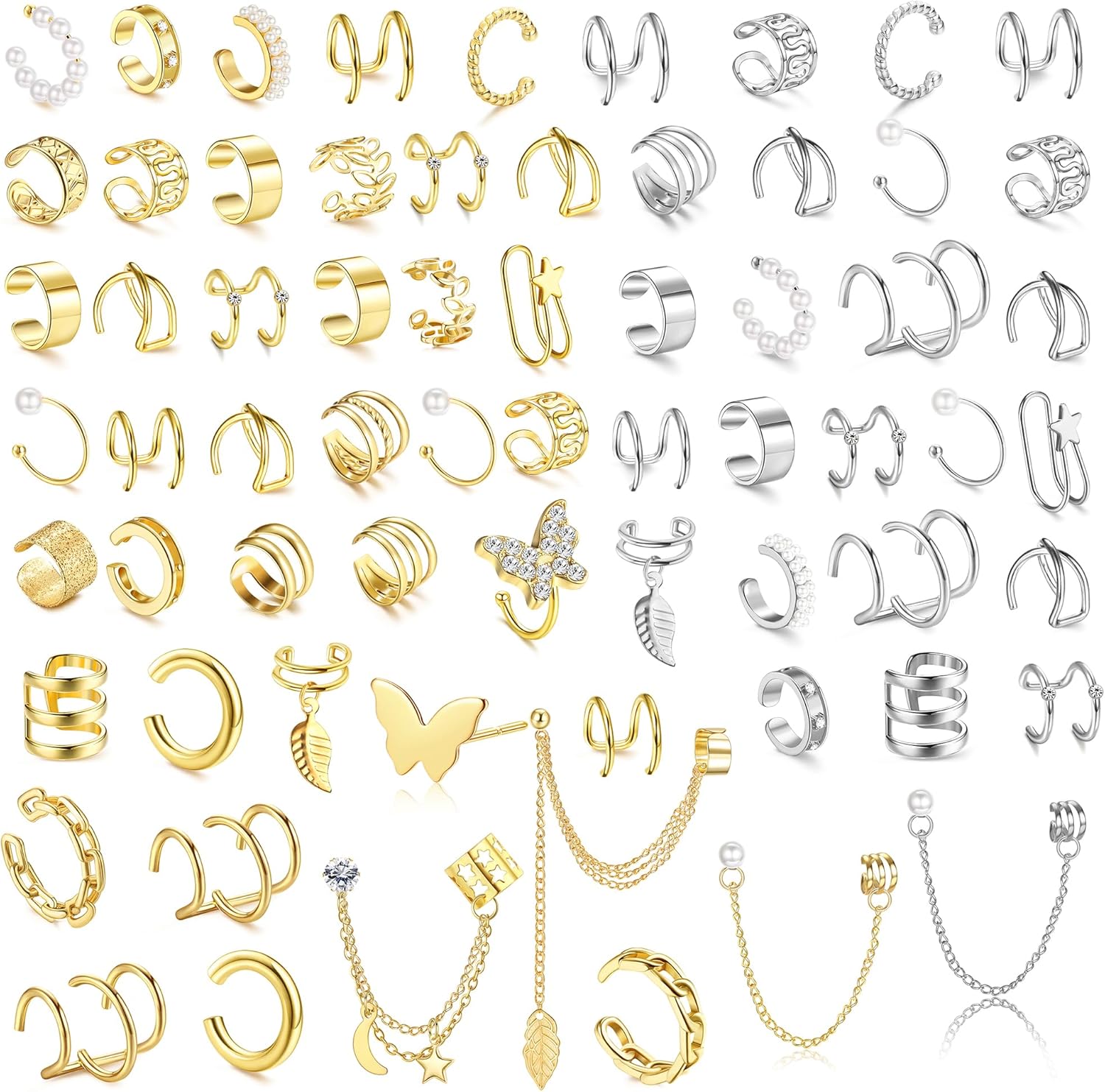 BESTEEL 66 Pcs Ear Cuff Earrings for Women Non Piercing, Hypoallergenic Fake Earrings, Silver Clip on Cartilage Earrings for Sensitive Ears, Gold Ear Wrap Earrings for Helix Cartilage, Cross X Double Line Cat Claw Cz Pearl Star Butterfly Ear Cuffs Non Piercing