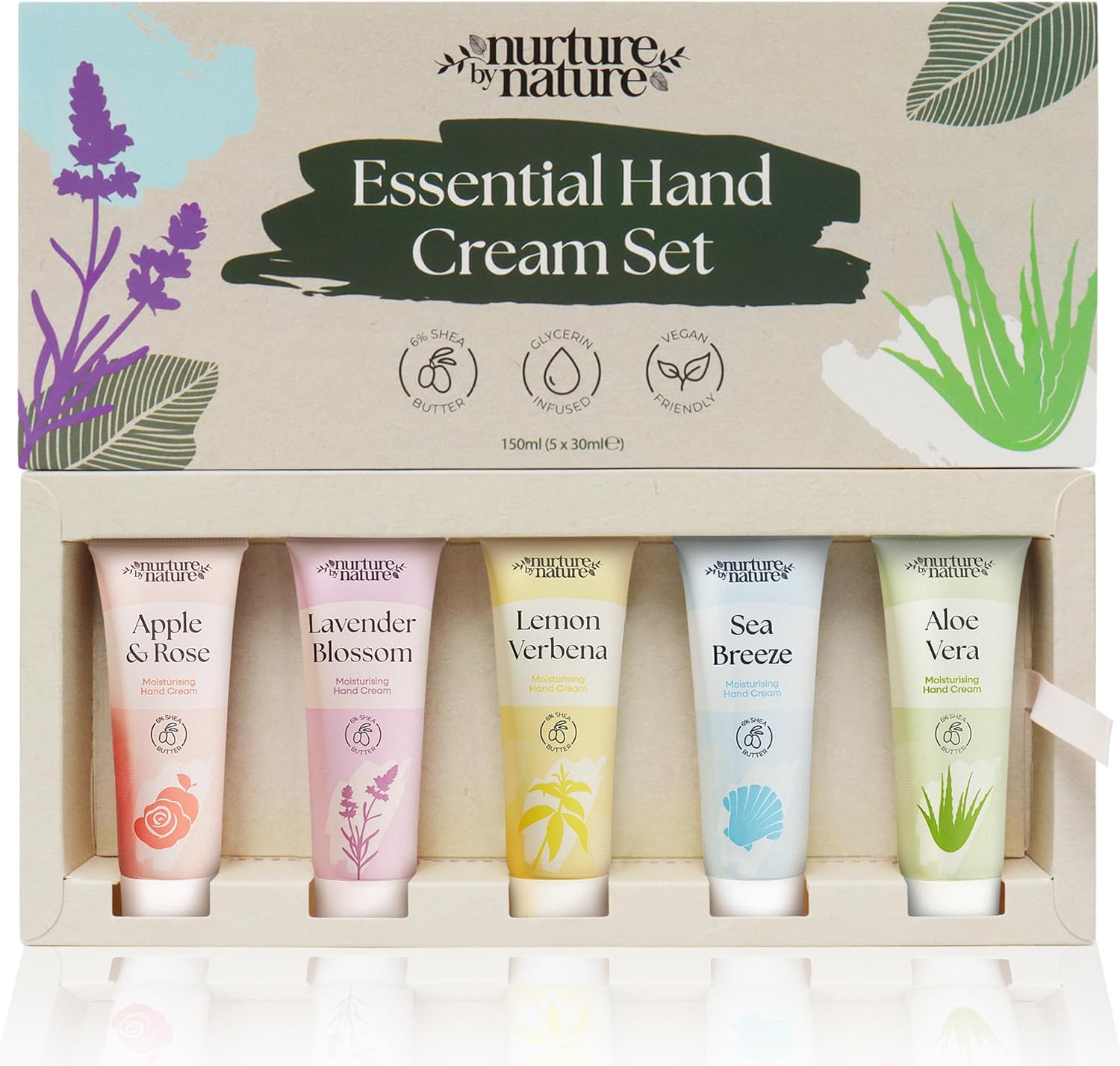 Nurture by Nature Essential Hand Cream Gift Set, 5 x 30ml, Shea Butter & Glycerin, Mothers Day Gift, Vegan Moisturising Hand Cream for Dry Hands, Gifts for Women, Travel Friendly Mini Hand Cream
