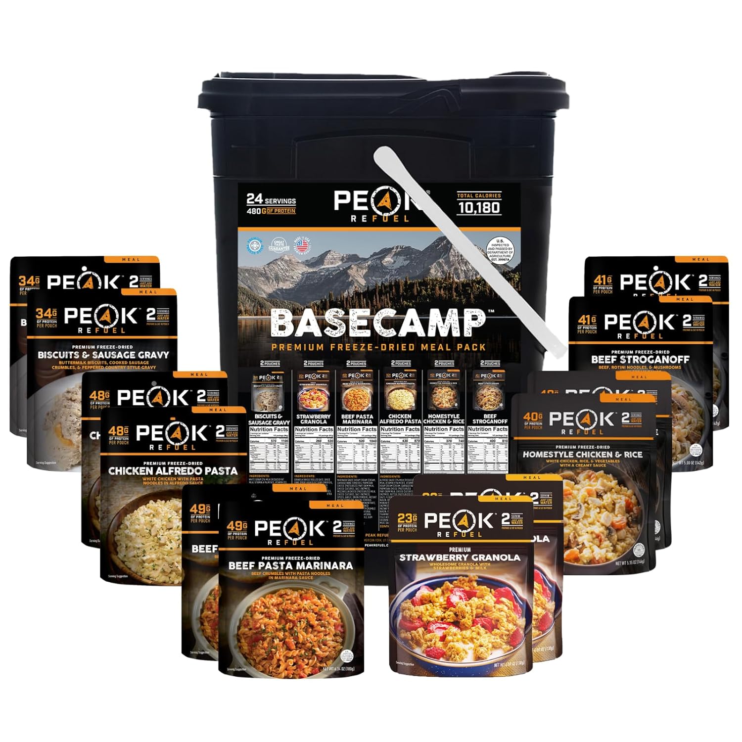 Peak Refuel Basecamp Bucket 3.0 | 100% Real Meat | Premium Freeze-Dried Meals for Backpacking, Camping & Survival | MRE Emergency Food