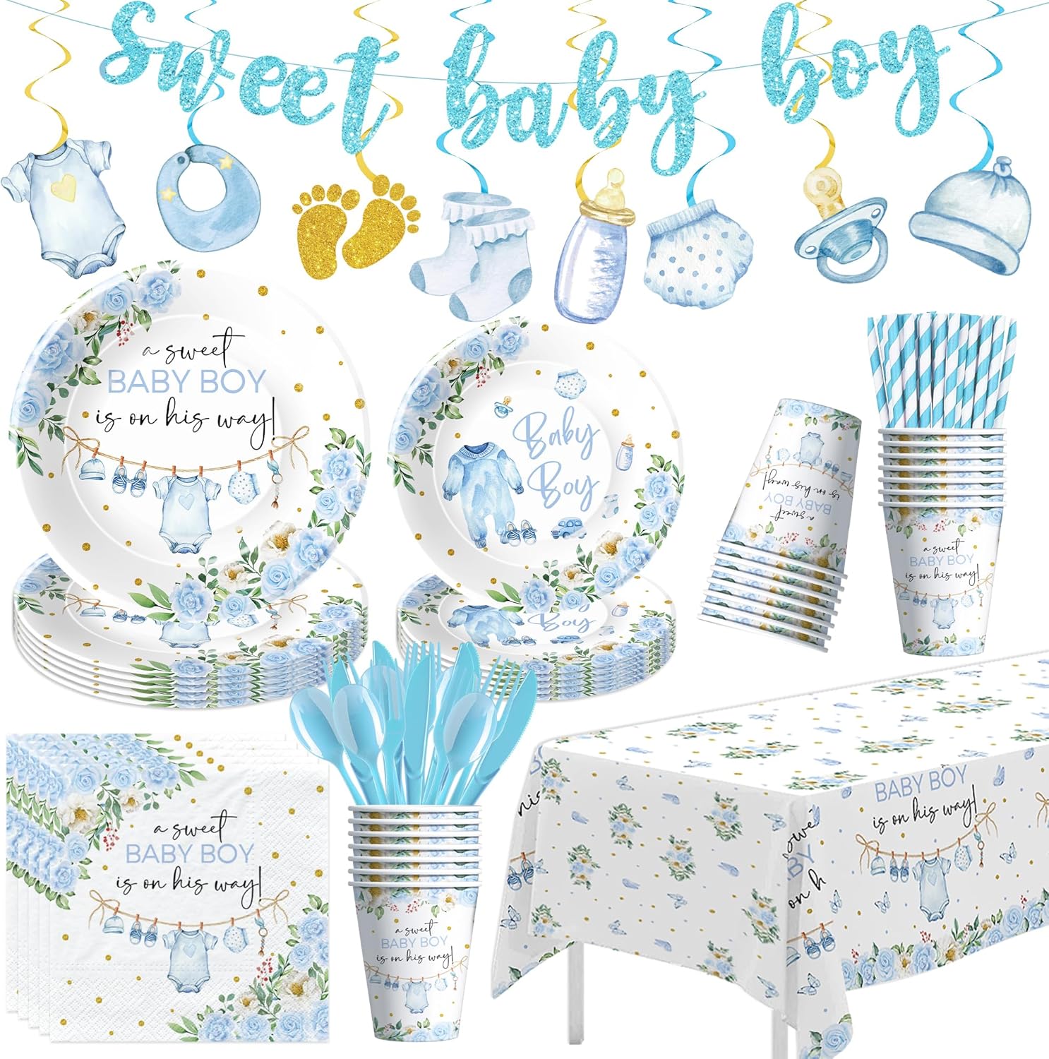 Baby Boy Baby Shower Decorations, Blue Floral Sweet Baby Boy Party Supplies, Plate, Napkin, Cup, Tablecloth, Banner, Swirls, Cutlery, Boy Gender Reveal Table Decorations, Serves 24