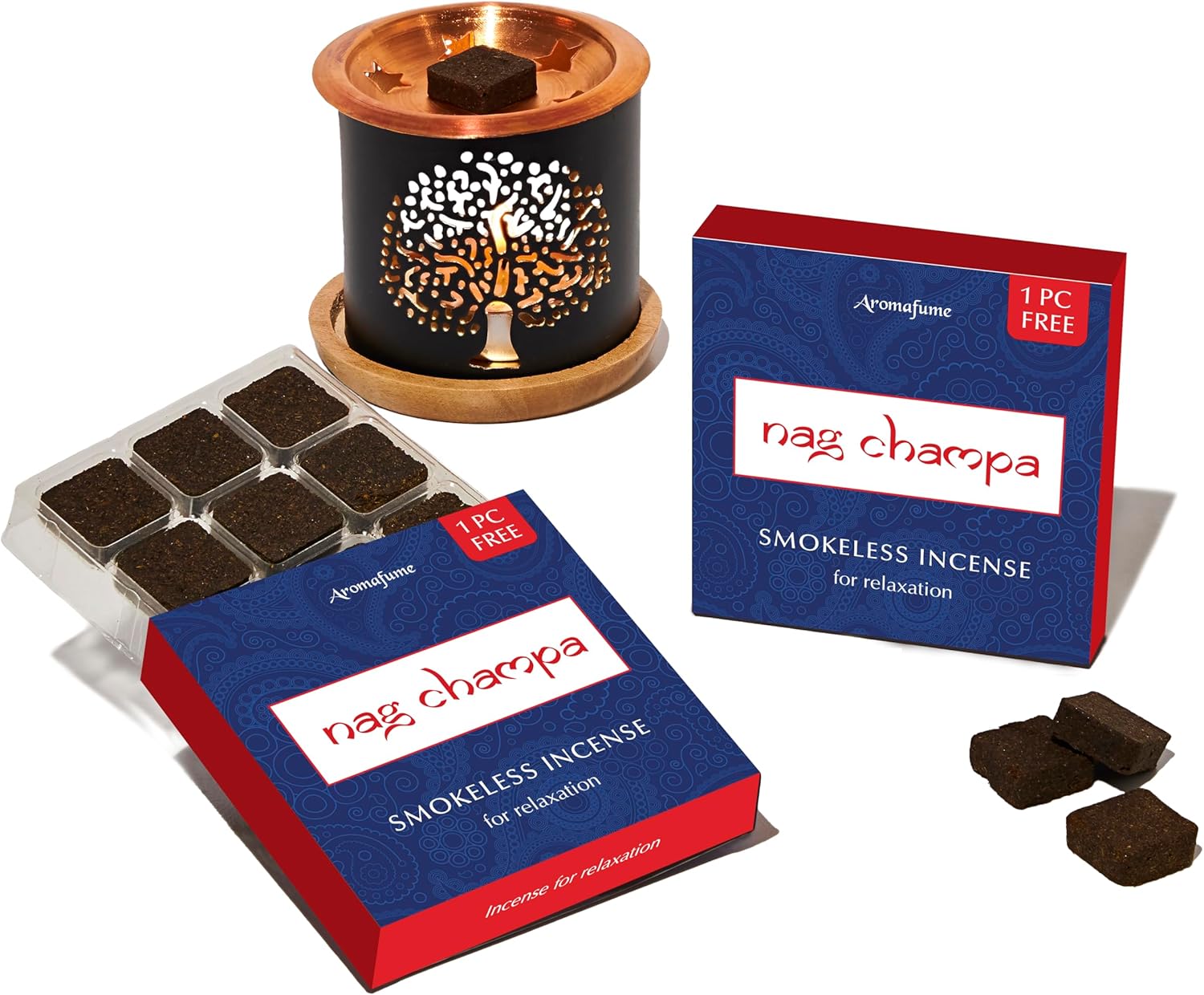 Nag Champa Incense Bricks (2 x 9 Bricks) & Tree of Life Exotic Incense Burner by Aromafume | Made with Sandalwood, Jasmine, Ylang Ylang & Champa flower | Natural, Low Smoke, Non toxic