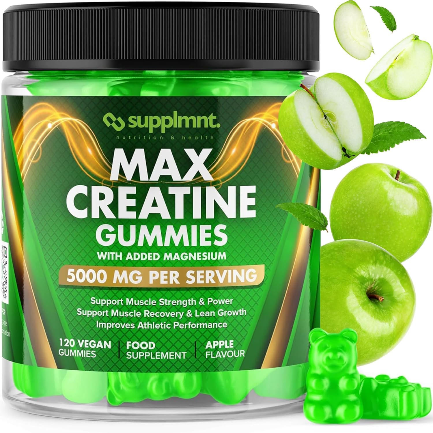 Creatine 120 Gummies Max 5000mg for Men and Women Creatine Monohydrate with Added Magnesium - Chewable Gummies, Strawberry Flavour (1 Month Supply) (120 Count, Apple)