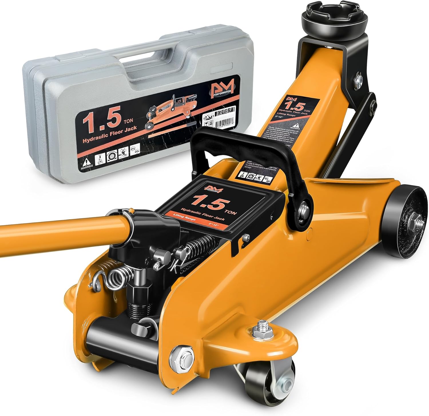 PM PERFORMOTOR Low Profile Hydraulic Trolley Service/Floor Jack, 1.5 Ton (3000 lbs) Capacity, Lifting Range 5.3"-12",Orange,PM-TOL-FJ15-OG