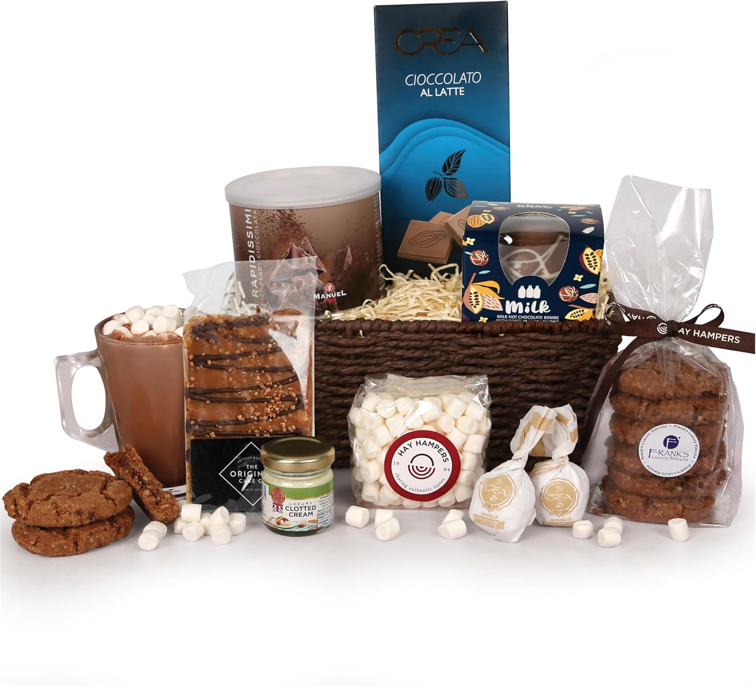 Hot Chocolate Gift Hamper - Drinking Chocolate, Mini Marshmallows, Clotted Cream, Biscuits & Chocolate Treats - Birthday Present for Women, Movie Night Treat, Thank You Gift for Men - by Hay Hampers