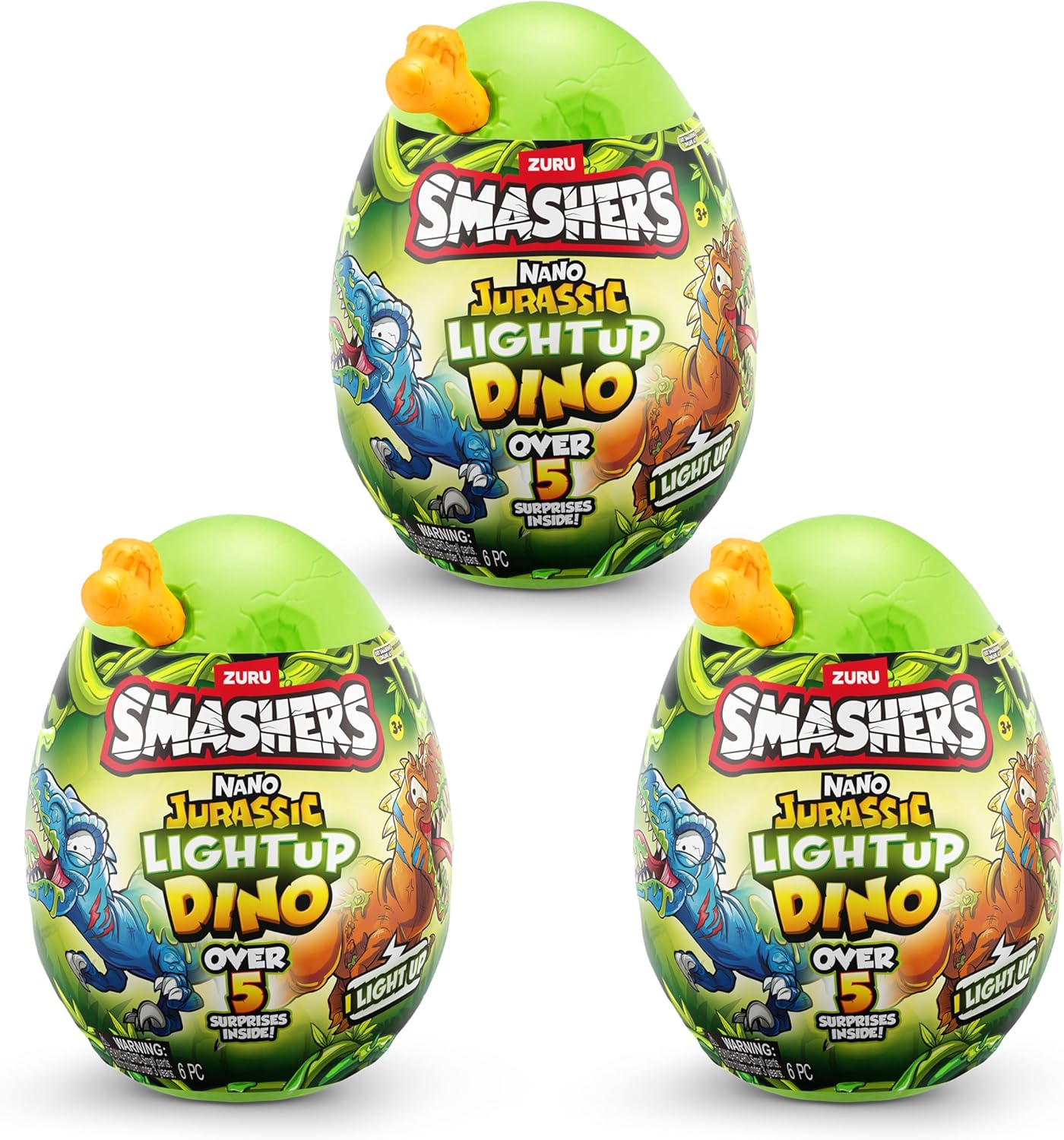 Smashers Nano Jurassic Light up Dino by ZURU, Dinosaur Themed Collectible Toy Egg with Over 5 Surprises for Boys and Kids (3 Pack)