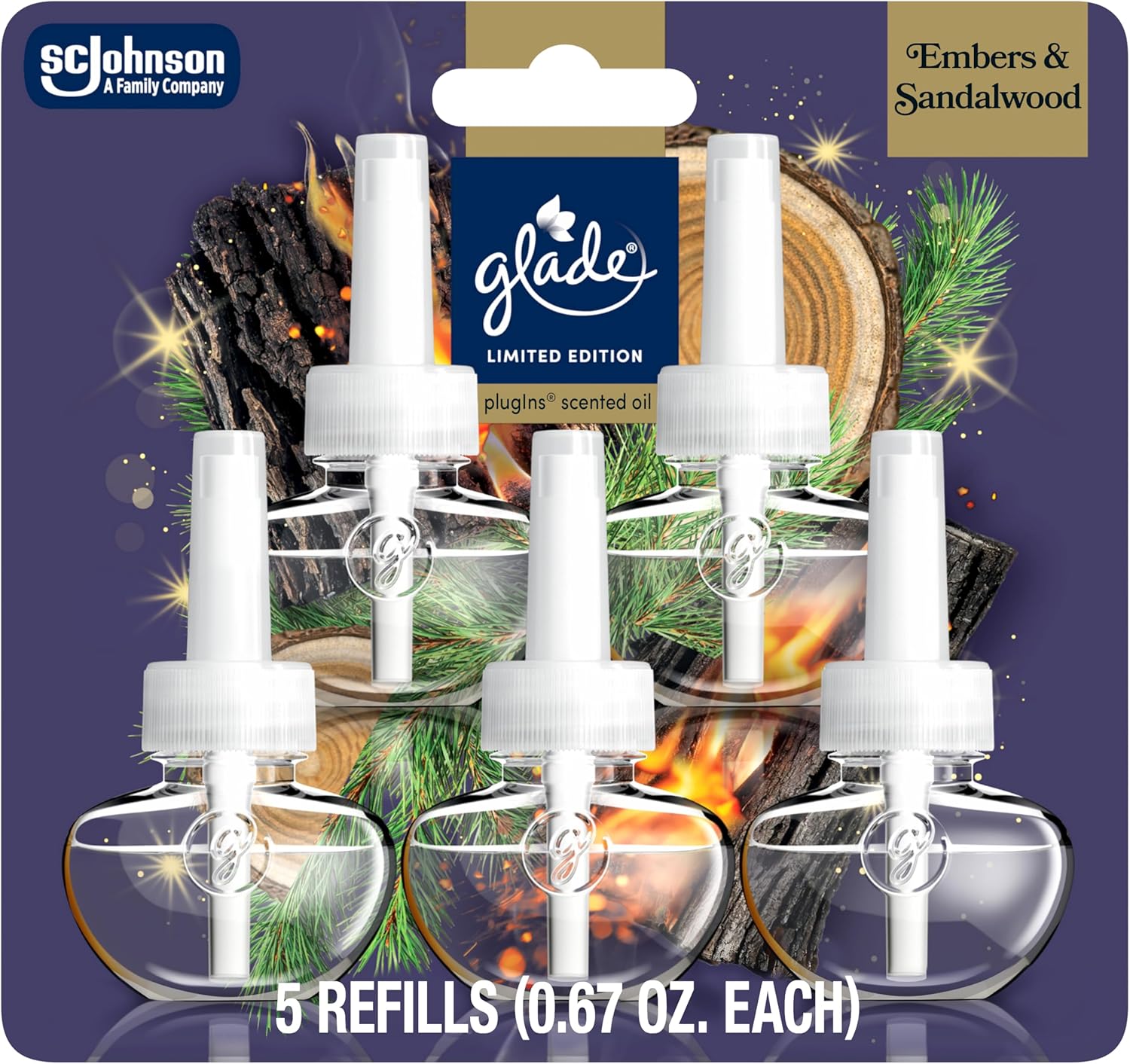 Glade PlugIns Refills Air Freshener, Embers & Sandalwood, Scented and Essential Oils for Home and Bathroom, 0.67 Fl Oz, 5 Count
