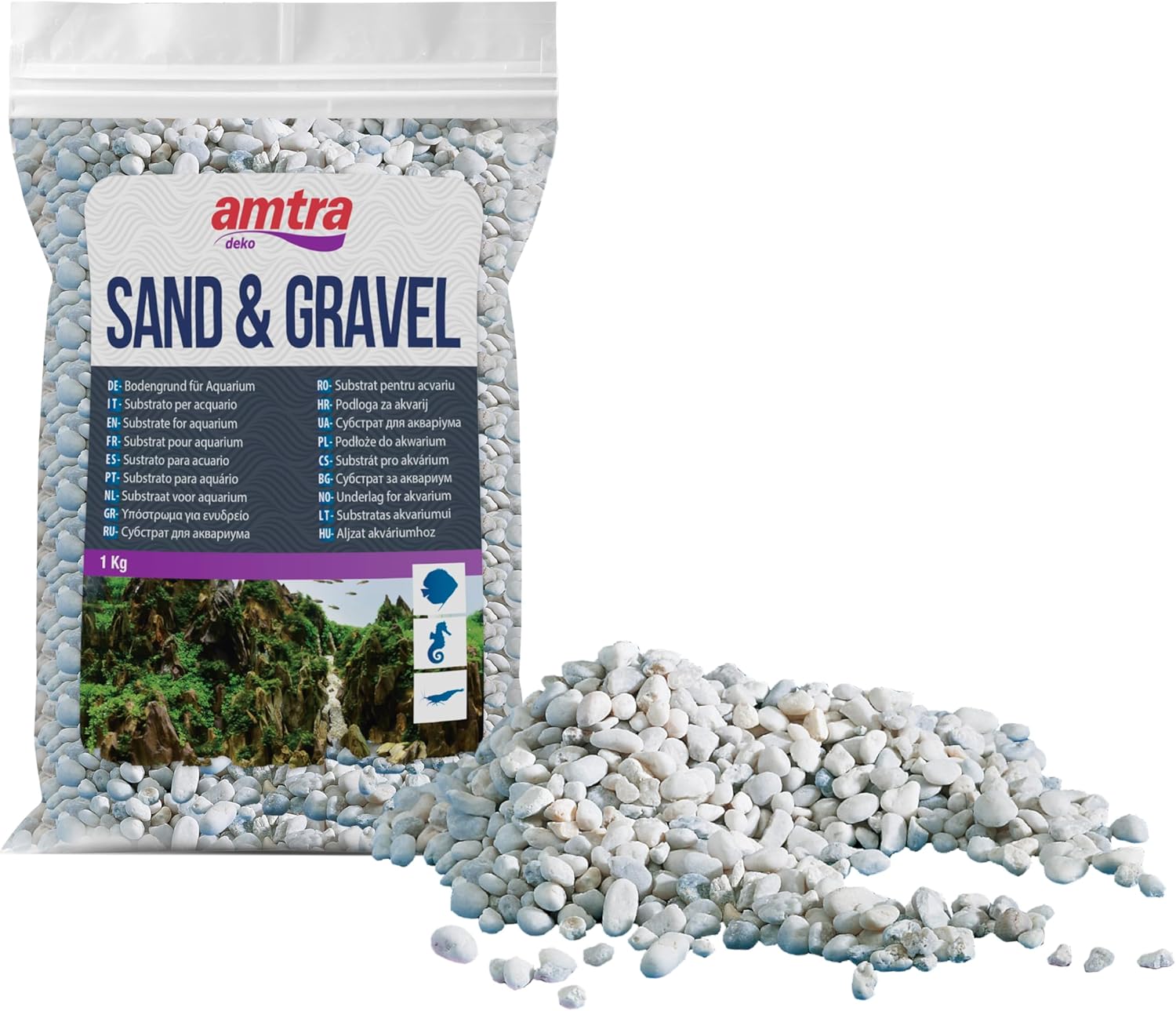 Amtra Gravel - Natural Aquarium Gravel, Decorative Soil, Coarse White Grains Size 4-8mm, Size 1kg, Packaging May Vary
